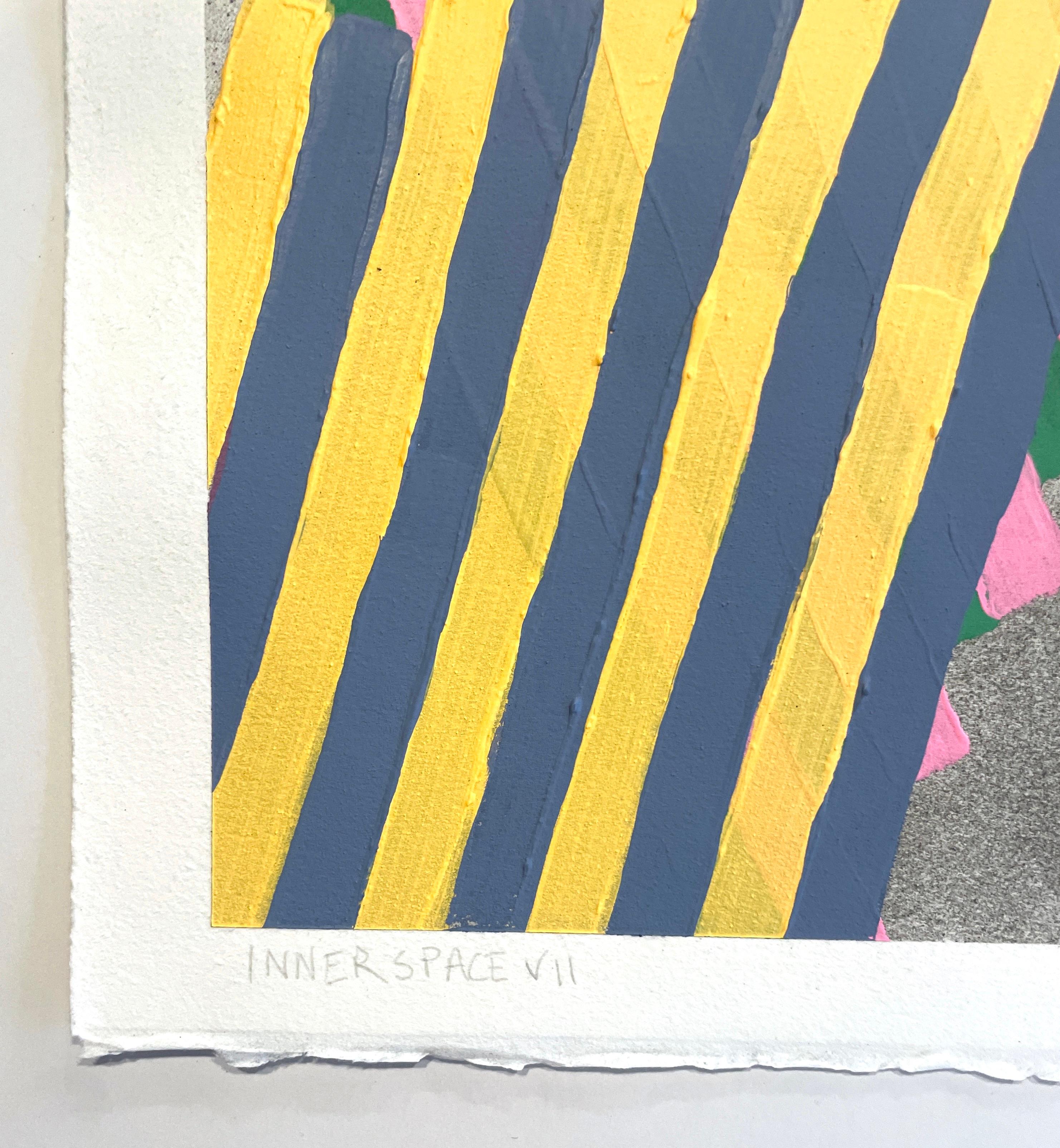 Inner Space #7: geometric abstract painting on paper: blue, yellow, pink & gray - Painting by Jay Walker