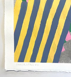 Inner Space #7: geometric abstract painting on paper: blue, yellow, pink & gray