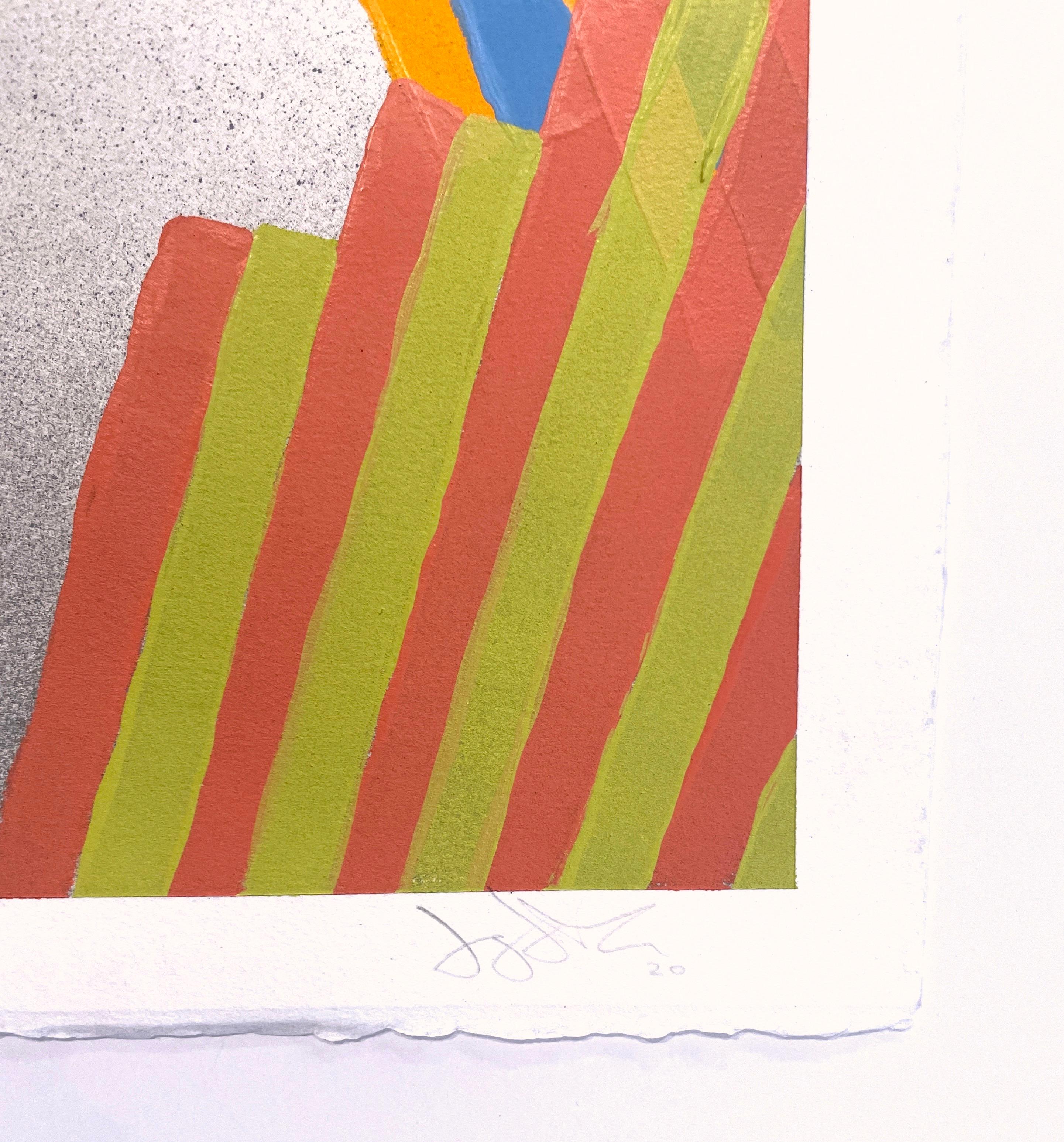 Inner Space #7: geometric abstract painting on paper: blue, yellow, pink & gray - Abstract Painting by Jay Walker