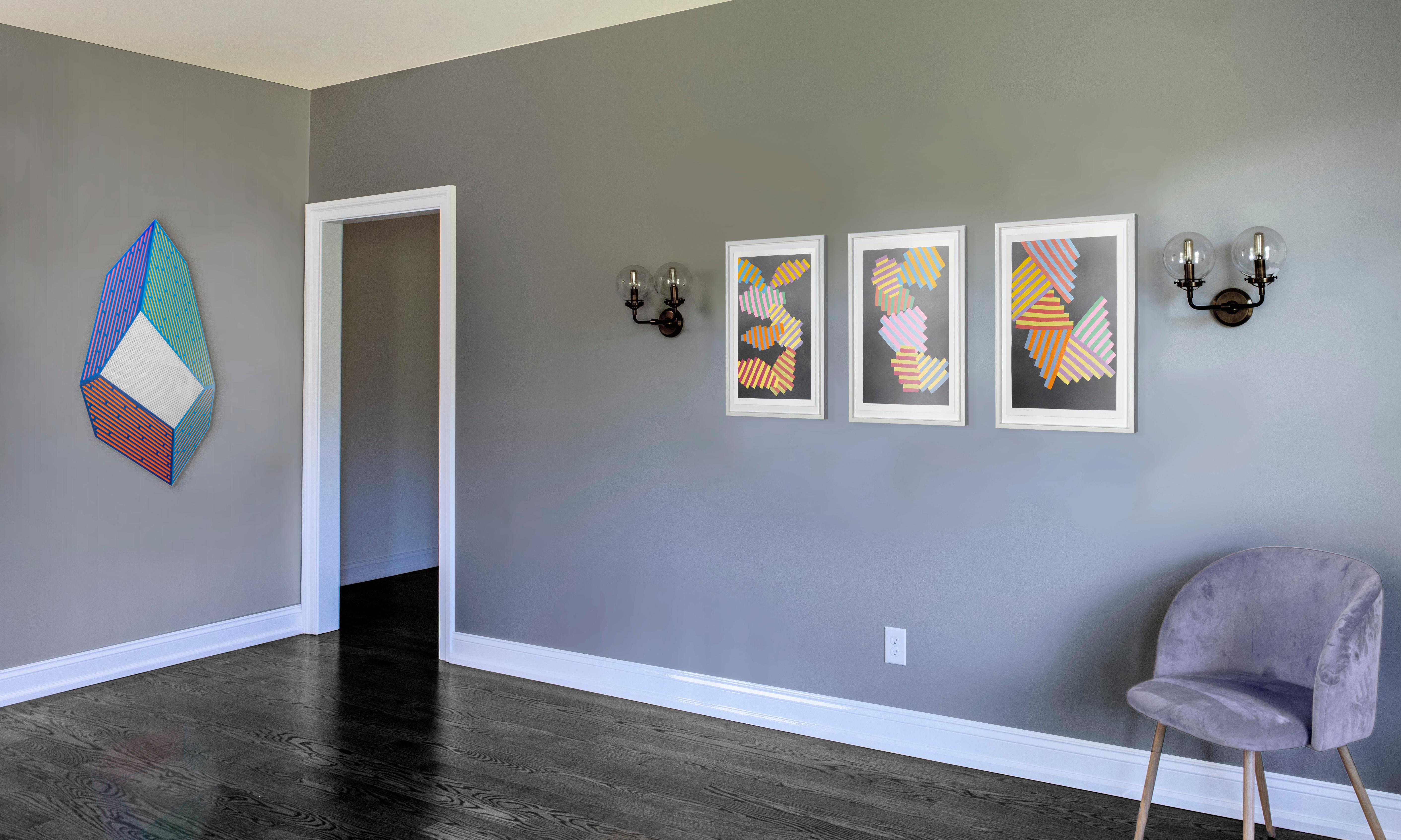 Inner Space #7: geometric abstract painting on paper: blue, yellow, pink & gray For Sale 1