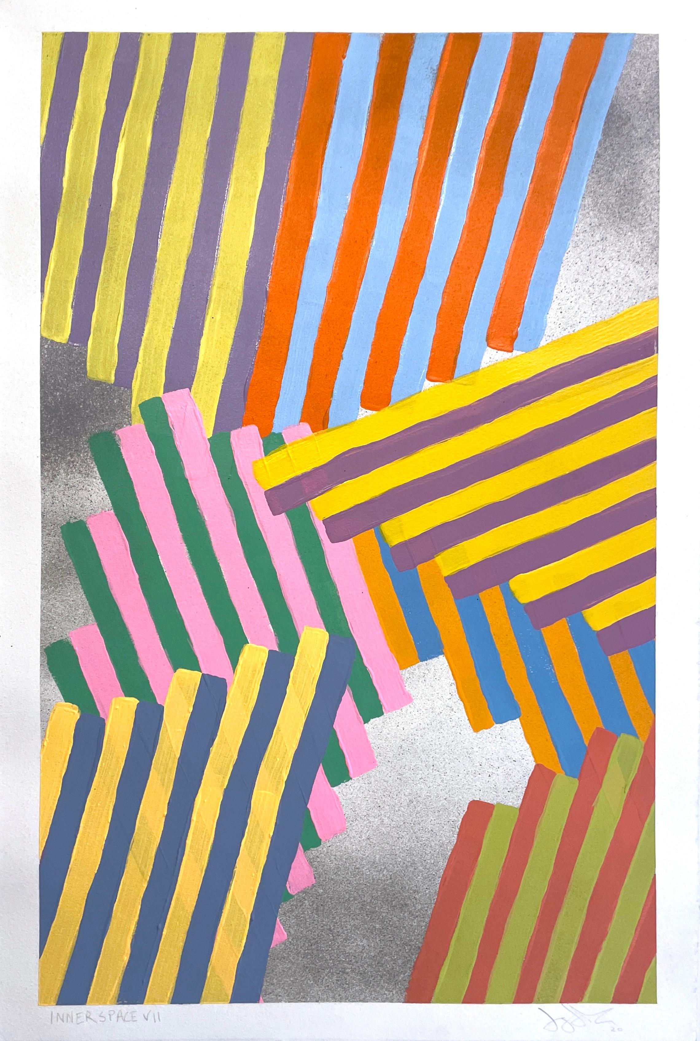 Jay Walker Figurative Painting - Inner Space #7: geometric abstract painting on paper: blue, yellow, pink & gray