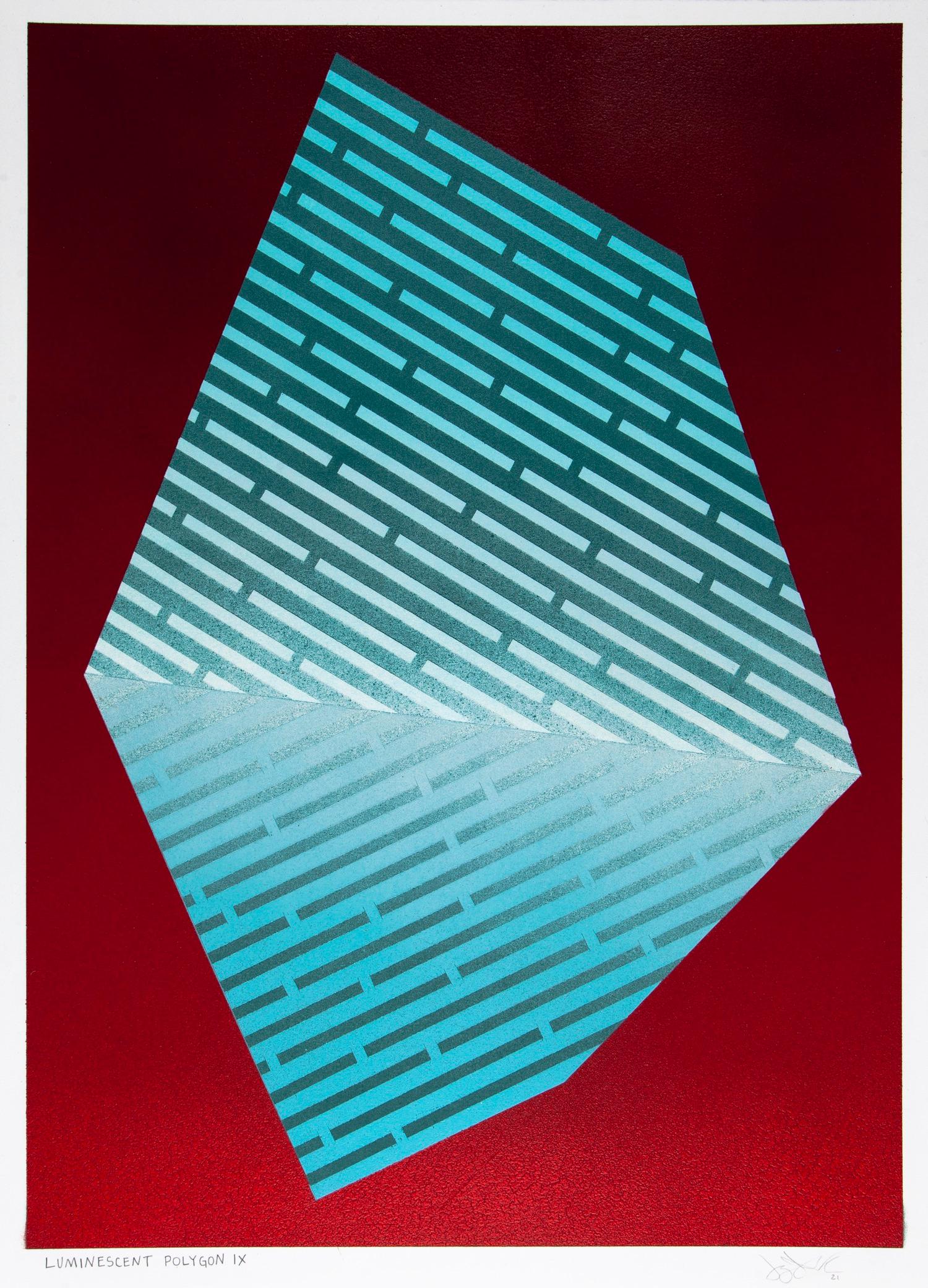 Jay Walker Figurative Painting - Luminescent Polygon IX: Matisse-inspired geometric abstract painting w/ blue red