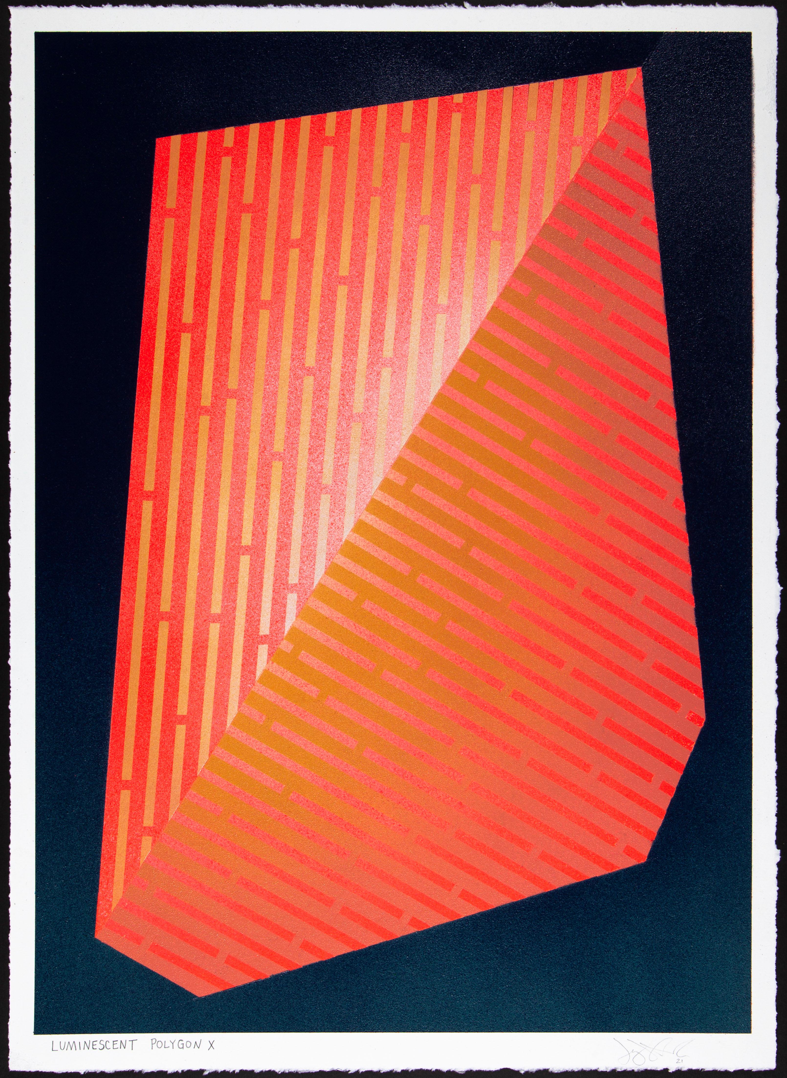 Polygone luminescent : peinture géométrique abstraite ; motifs rouges et bleus-noirs en vente 2