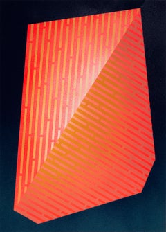 Luminescent Polygon X: geometrisches abstraktes Gemälde mit roten und blau-schwarzen Mustern