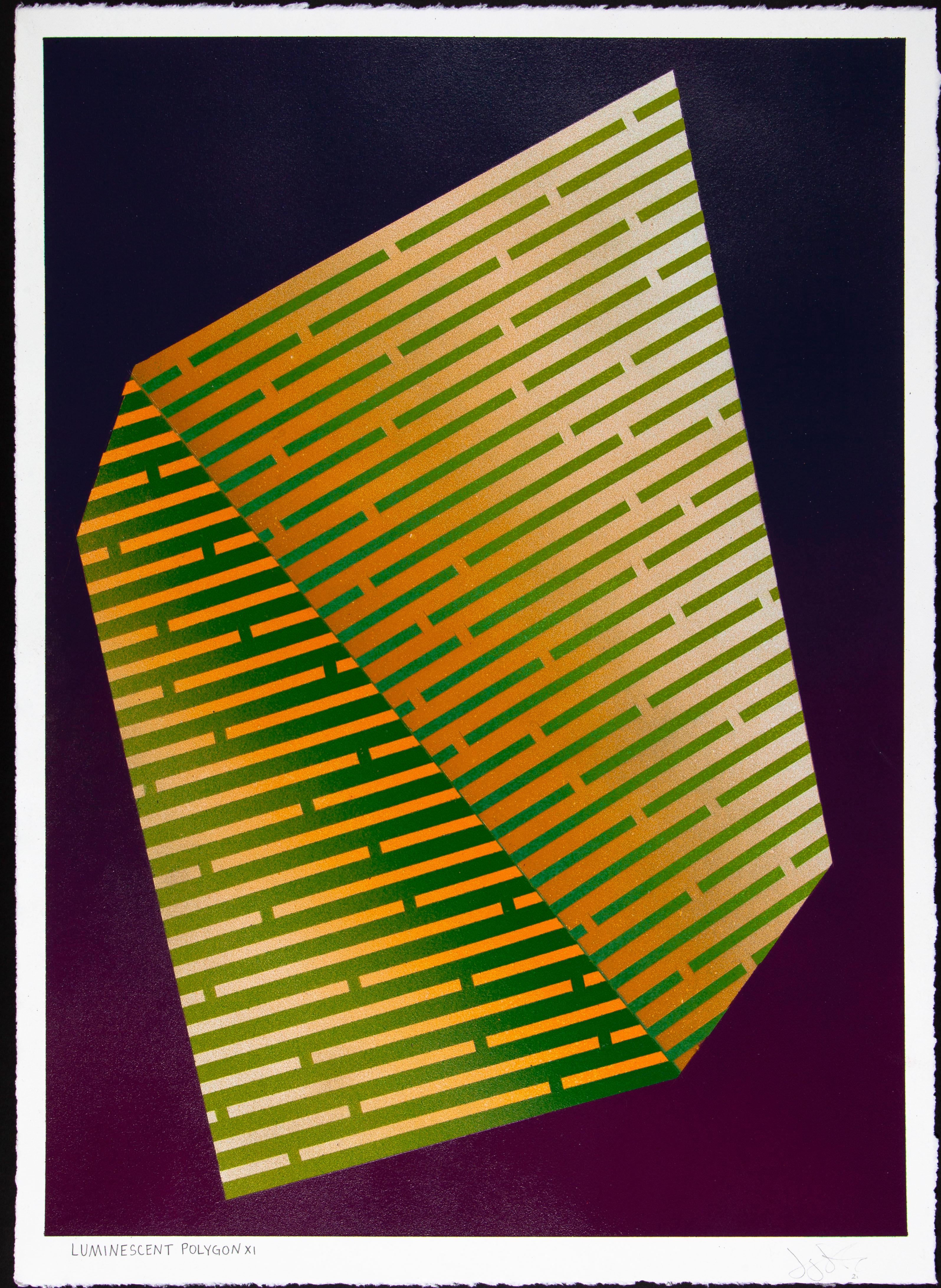 Luminescent Polygon XI: geometric abstract painting; green & gold line patterns For Sale 2