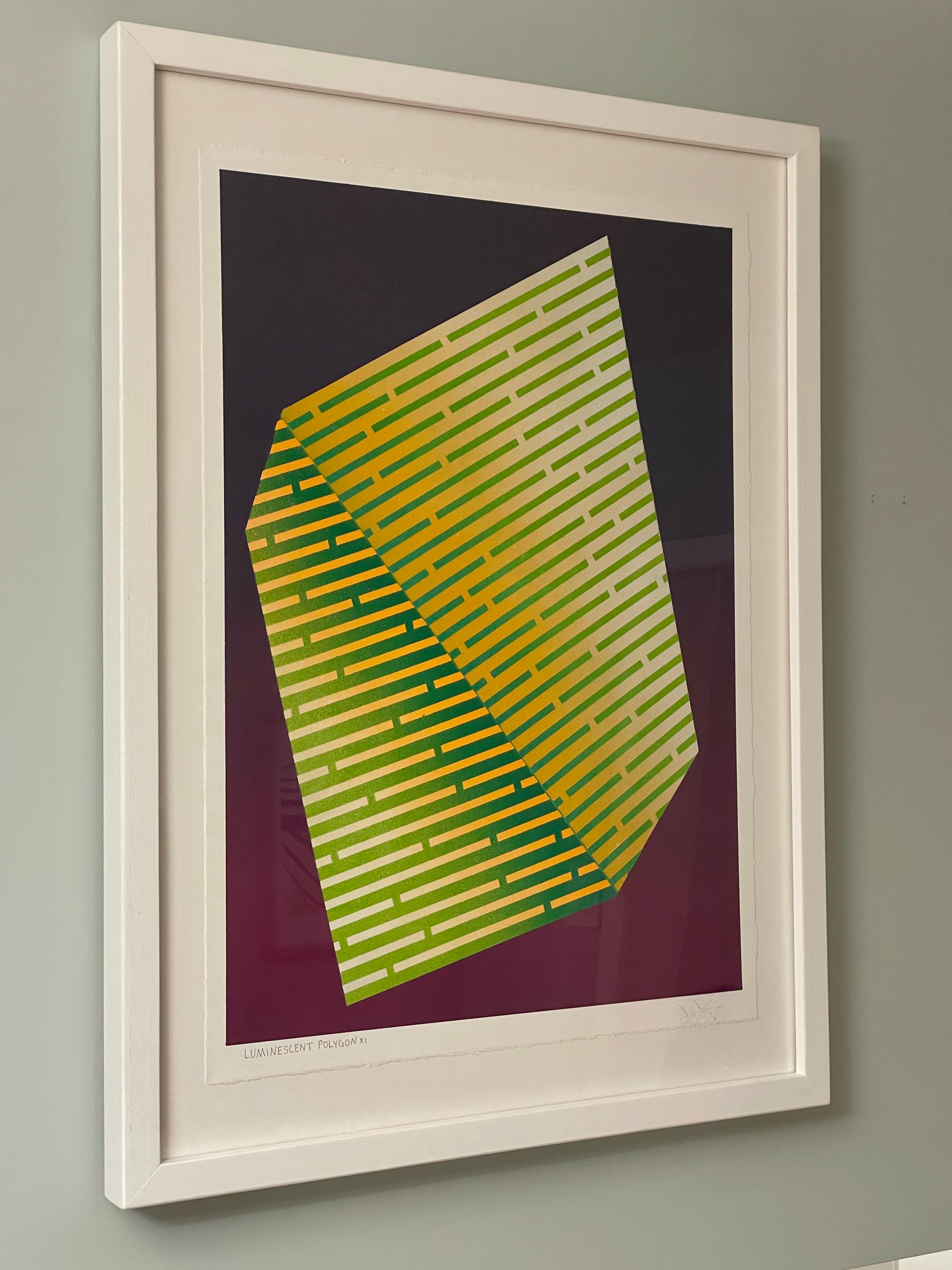 Luminescent Polygon XI: geometric abstract painting; green & gold line patterns For Sale 3