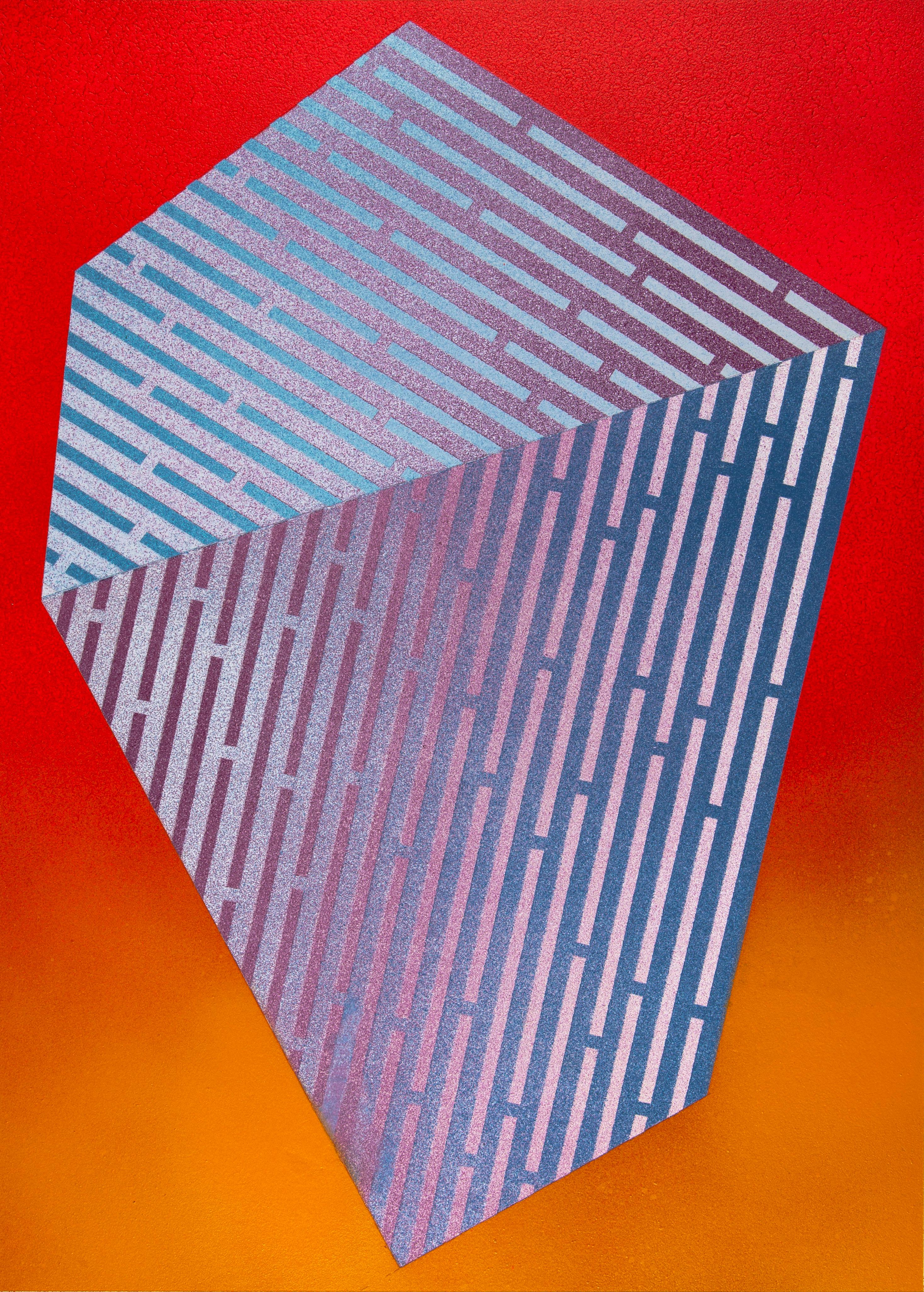 Jay Walker Figurative Painting - Luminescent Polygon XII: geometric abstract painting; red & purple line patterns