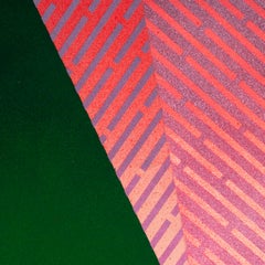 Luminescent Polygon XIII: geometric abstract painting; pink & green line pattern