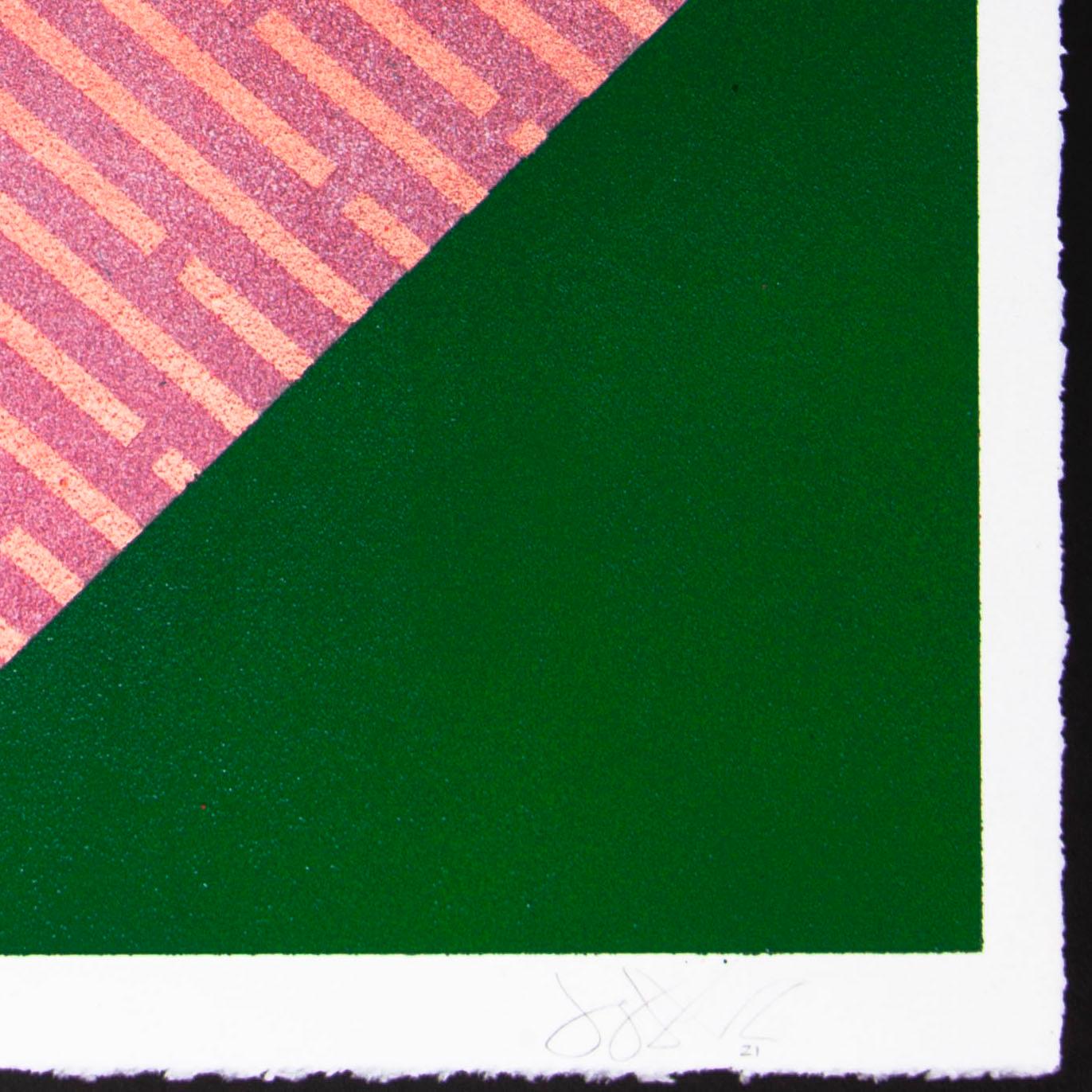 Polígono luminiscente XIII: pintura abstracta geométrica; motivo de líneas rosas y verdes - Figurative Painting Rosa de Jay Walker