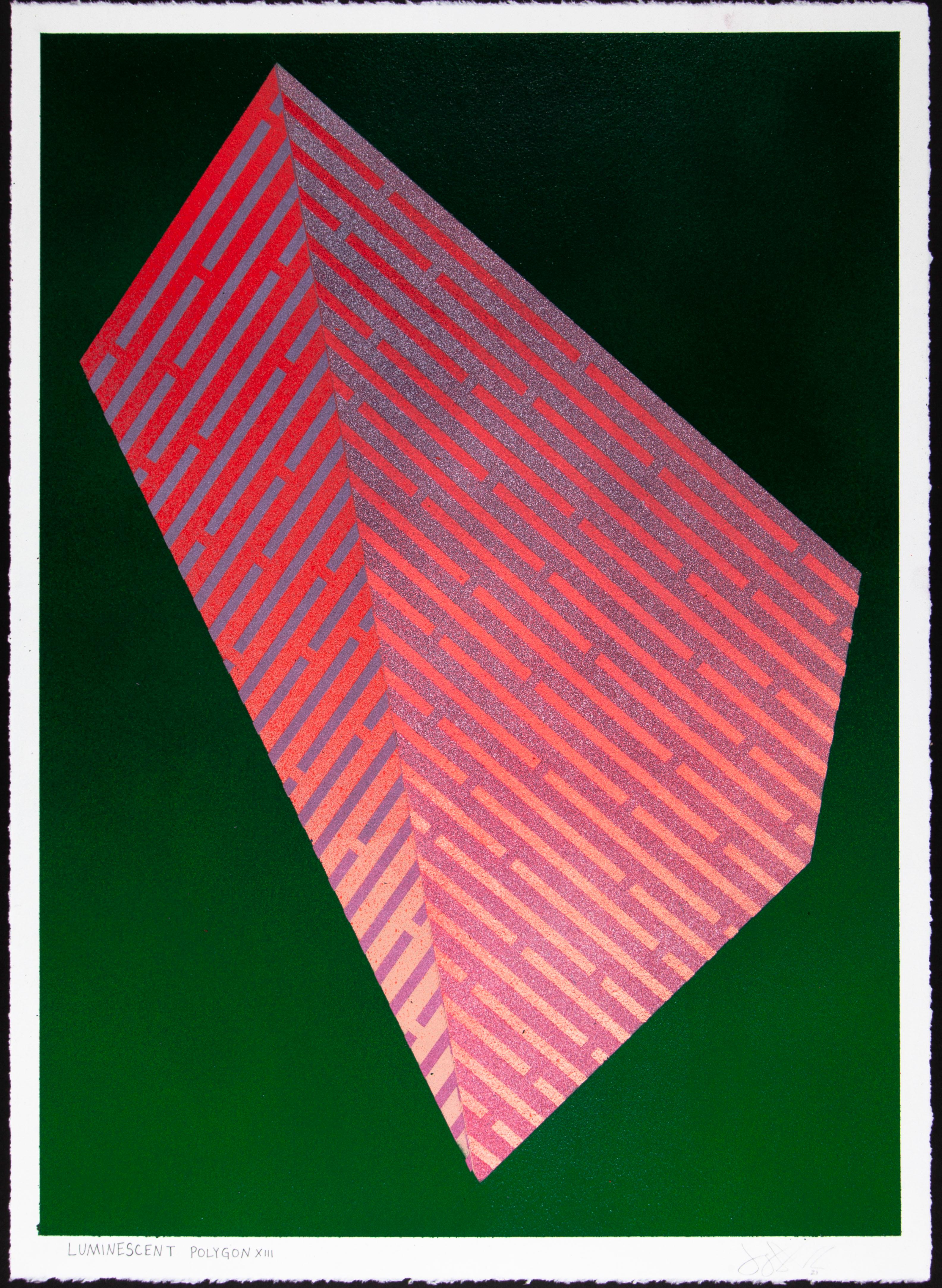 Polígono luminiscente XIII: pintura abstracta geométrica; motivo de líneas rosas y verdes en venta 1
