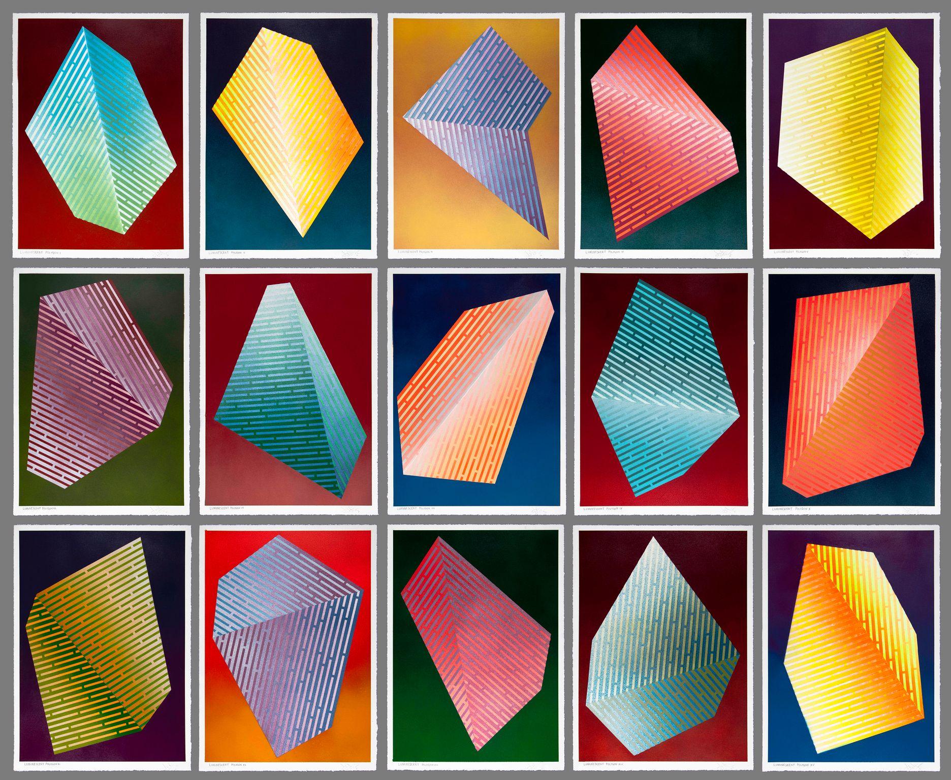 Polígono luminiscente XIII: pintura abstracta geométrica; motivo de líneas rosas y verdes en venta 4