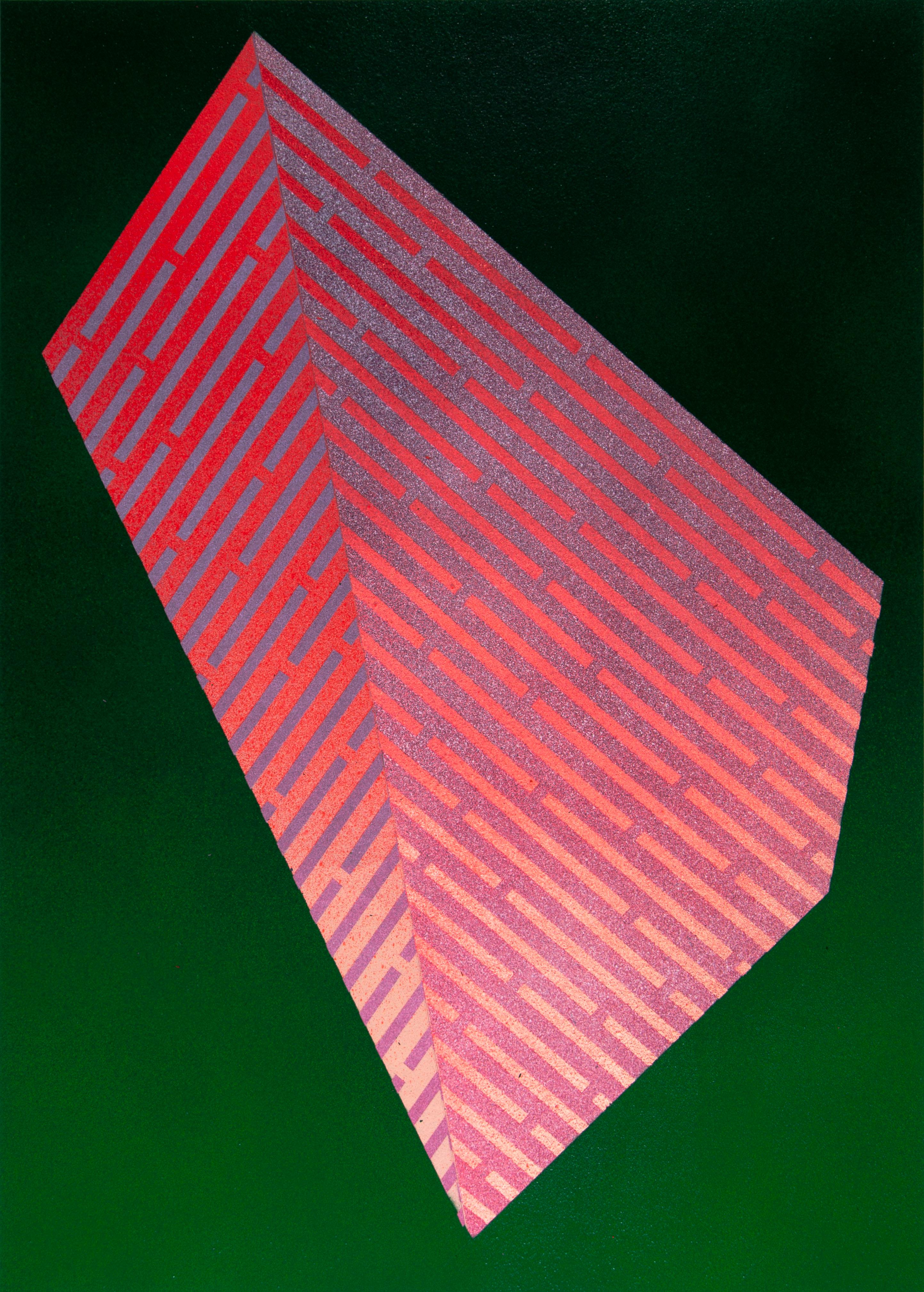 Luminescent Polygon XIII: geometric abstract painting; pink & green line pattern