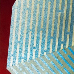 Luminescent Polygon XIV: geometric abstract painting; red & blue line patterns