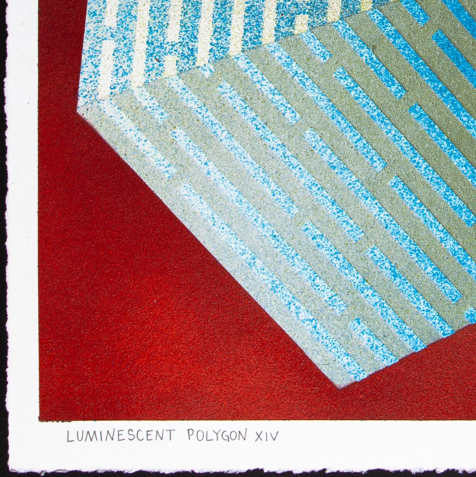 Luminescent Polygon XIV: geometrisches abstraktes Gemälde mit roten und blauen Linienmustern (Schwarz), Figurative Painting, von Jay Walker