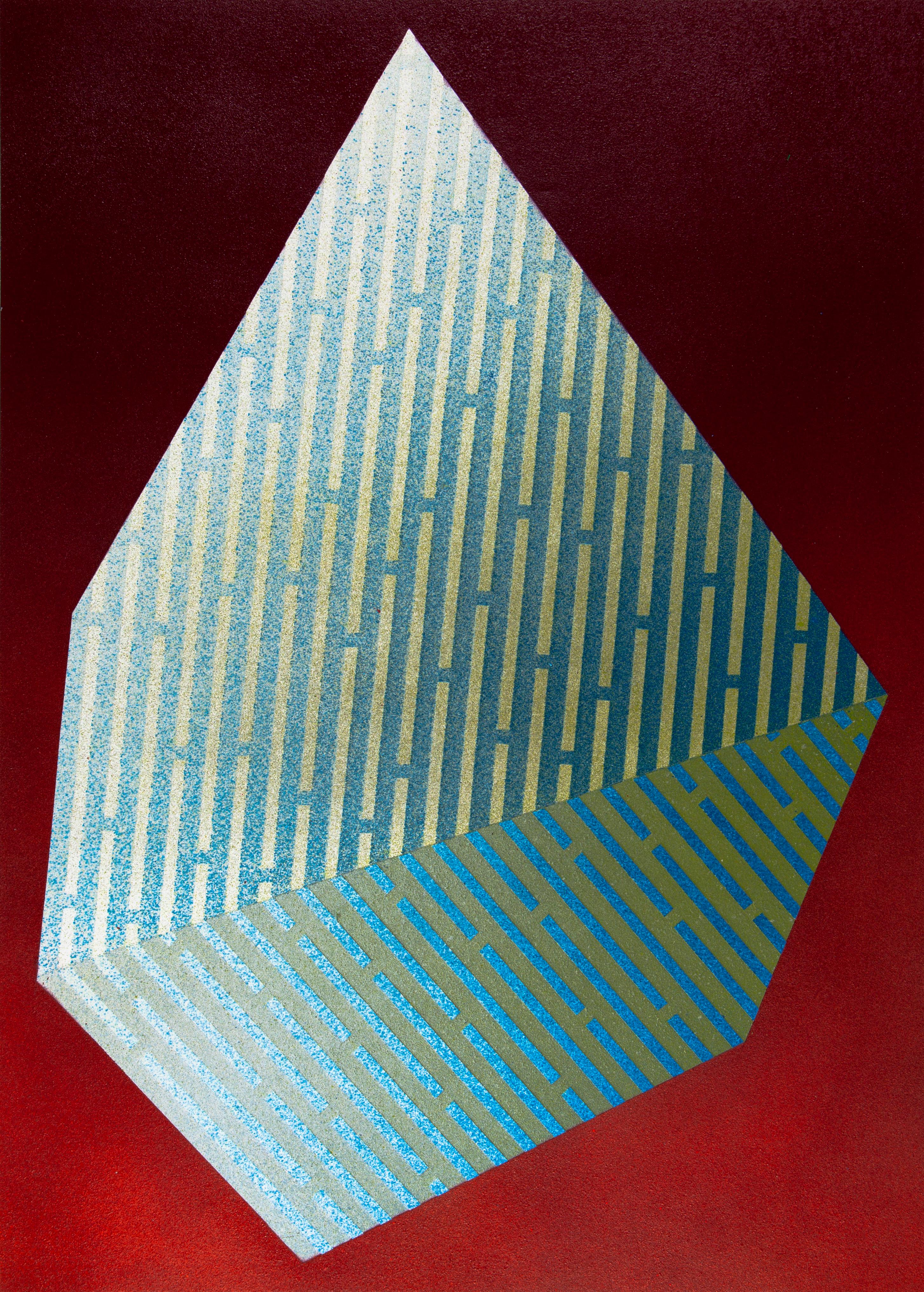 Jay Walker Figurative Painting - Luminescent Polygon XIV: geometric abstract painting; red & blue line patterns
