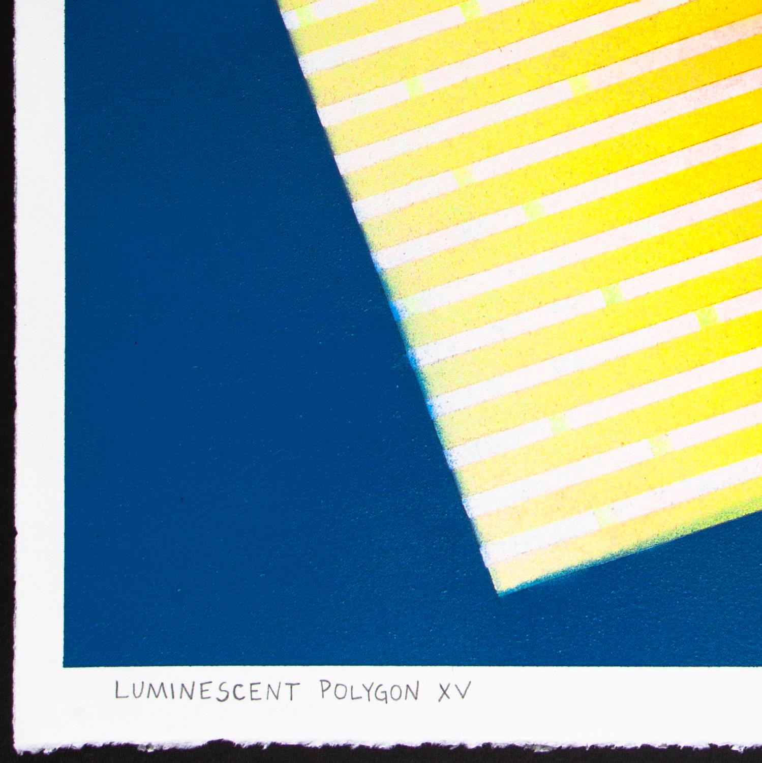 Luminescent Polygon XV: geometric abstract painting; yellow & blue line patterns For Sale 1