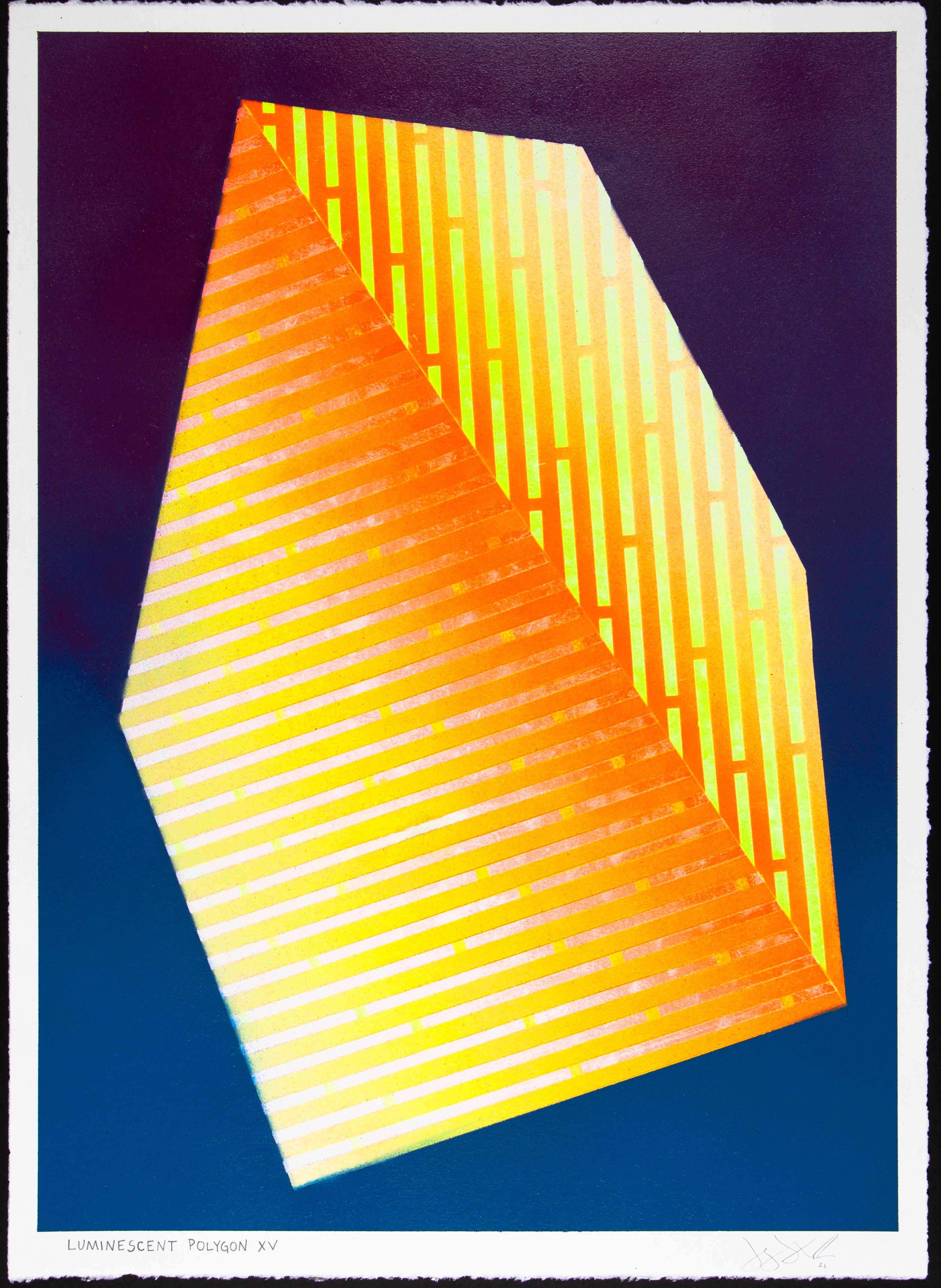 Luminescent Polygon XV: geometric abstract painting; yellow & blue line patterns For Sale 2