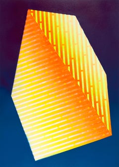 Luminescent Polygon XV: geometric abstract painting; yellow & blue line patterns