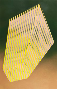 Prismatisches Polygon XIV: geometrisches abstraktes Gemälde in Grün, Rosa, Gelb, Gold