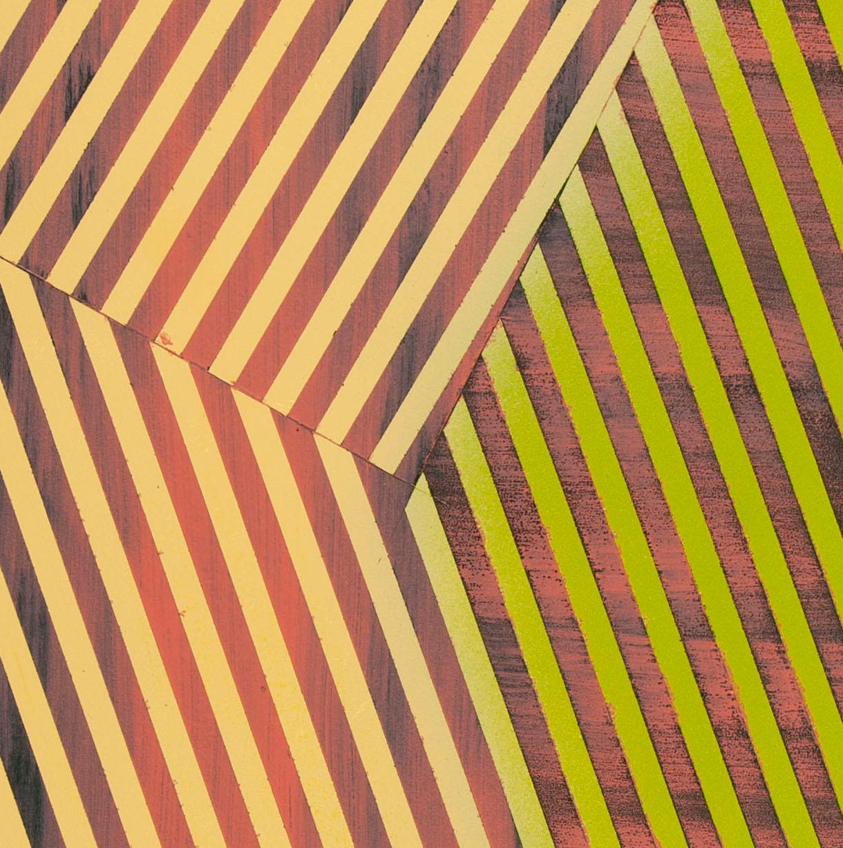Prismatic Polygon XIX: geometric abstract painting w/ pattern. Gold, green ombre - Painting by Jay Walker