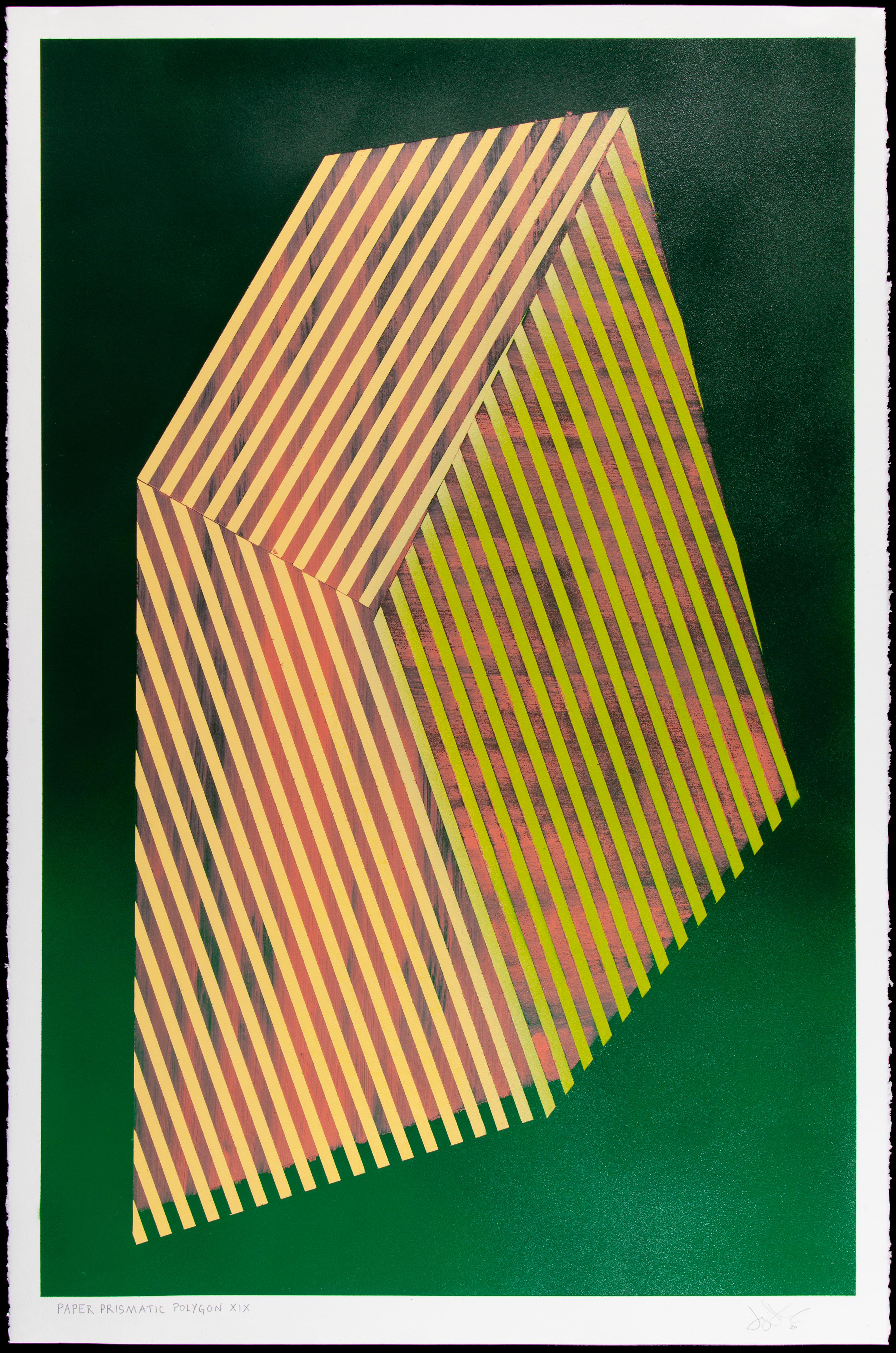 Prismatic Polygon XIX: geometric abstract painting w/ pattern. Gold, green ombre For Sale 2