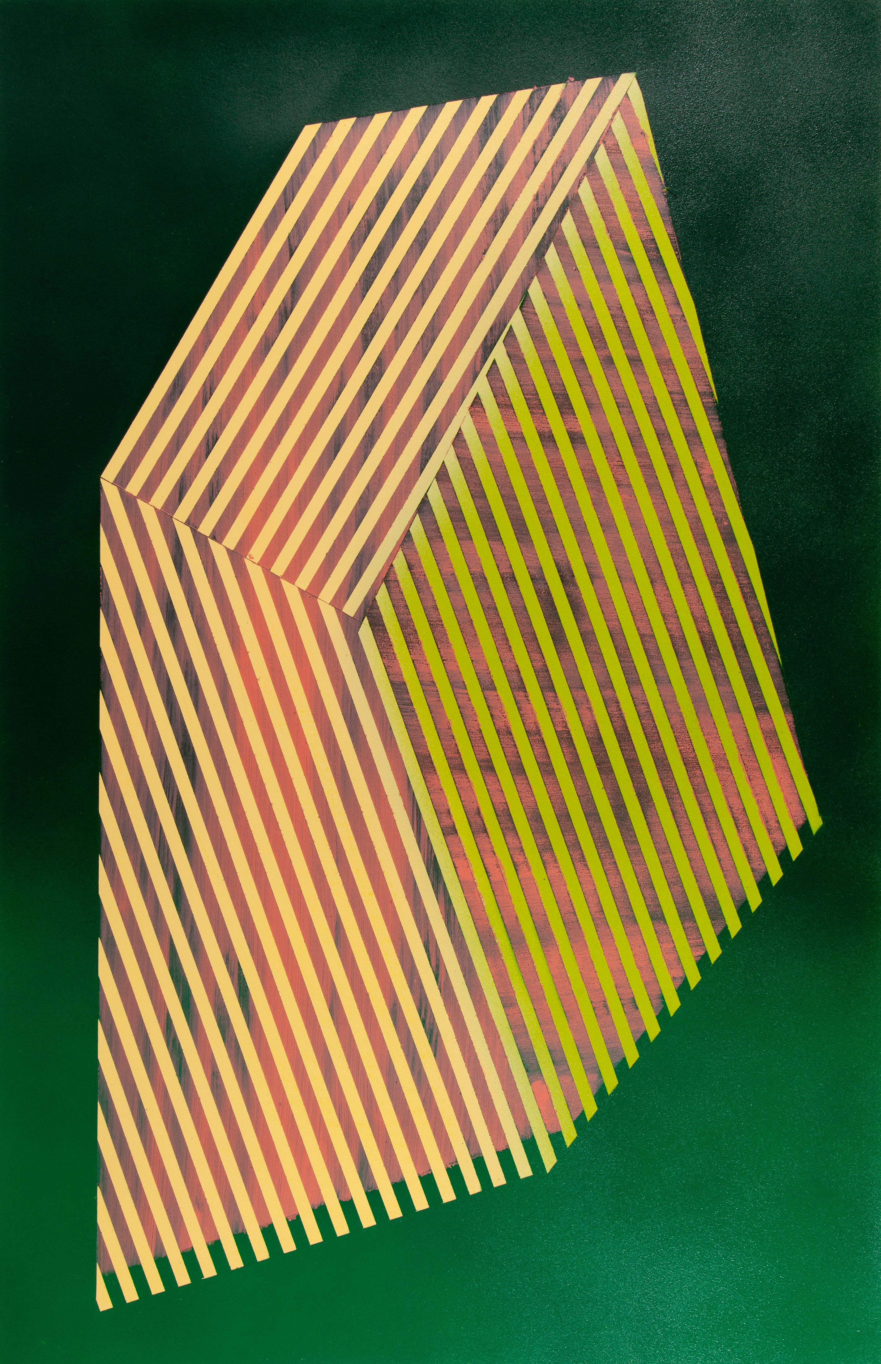 Jay Walker Abstract Painting - Prismatic Polygon XIX: geometric abstract painting w/ pattern. Gold, green ombre