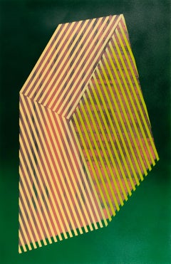 Prismatisches Polygon XIX: geometrisches abstraktes Gemälde mit Muster. Gold, grün ombre