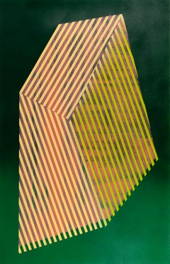 Prismatic Polygon XIX: geometric abstract painting w/ pattern. Gold, green ombre