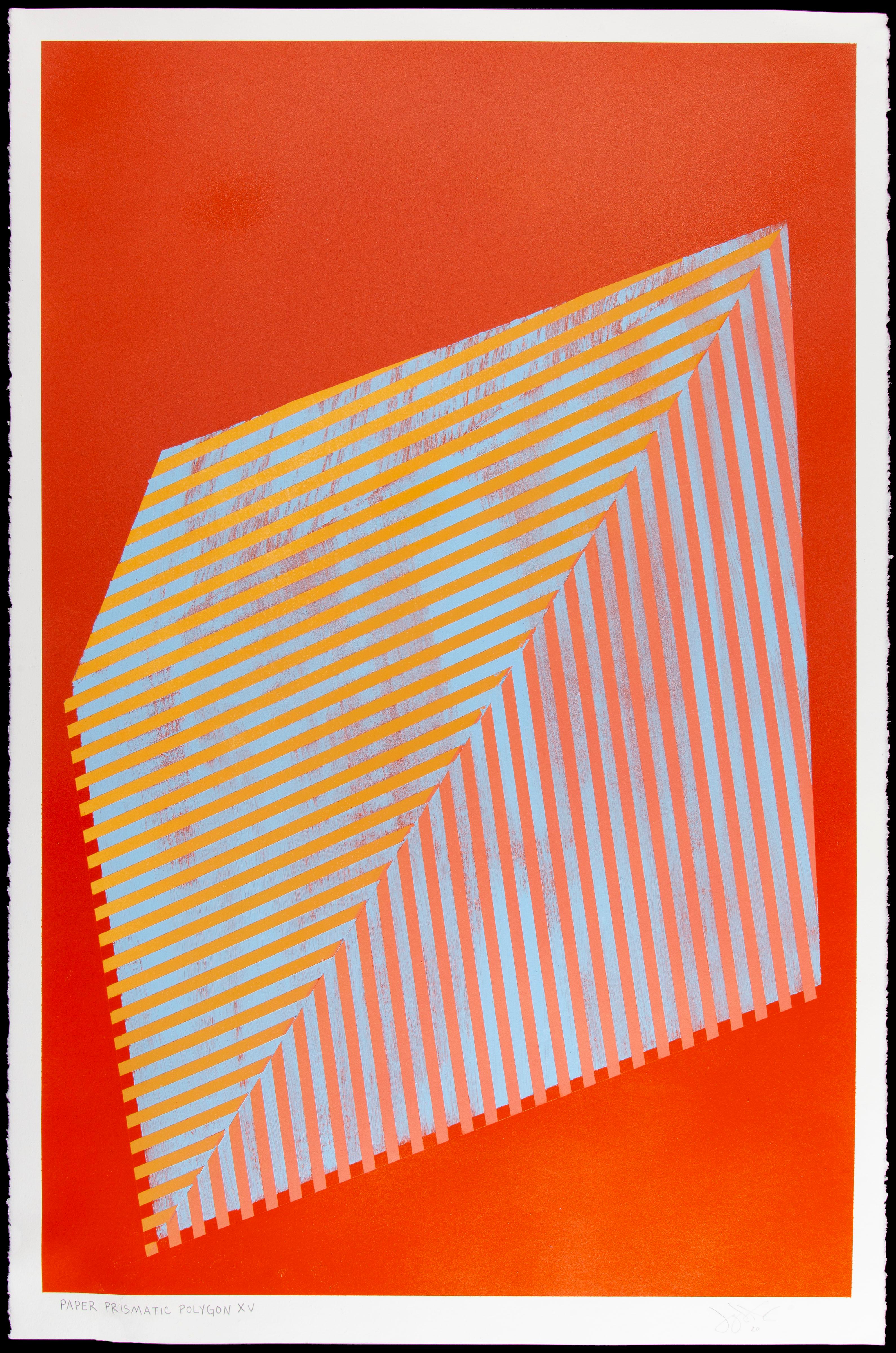 Polygone prismatique XV : peinture géométrique abstraite avec motif linéaire, rouge, orange en vente 1