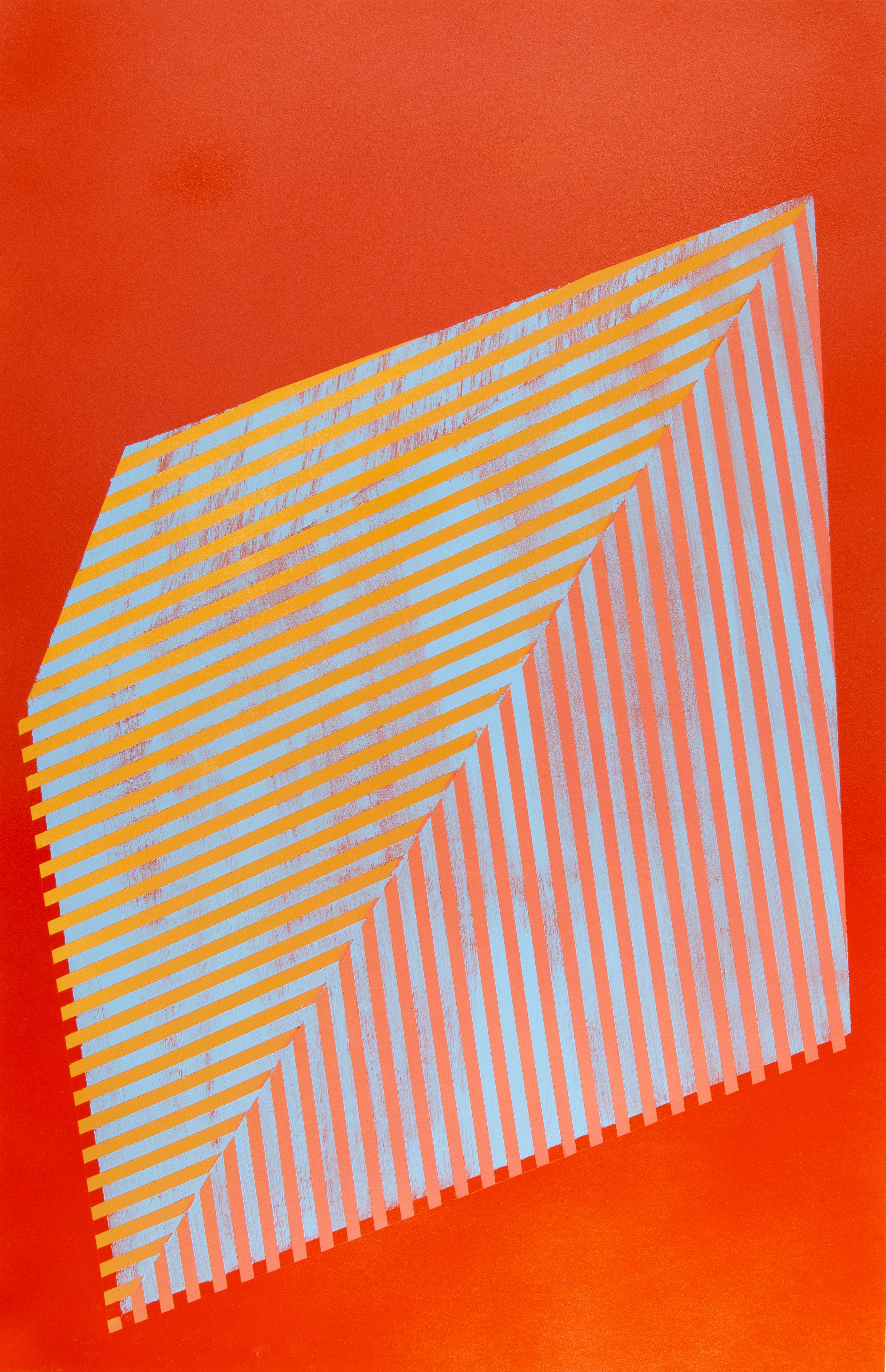 Prismatic Polygon XV: geometric abstract painting w/ linear pattern, red, orange