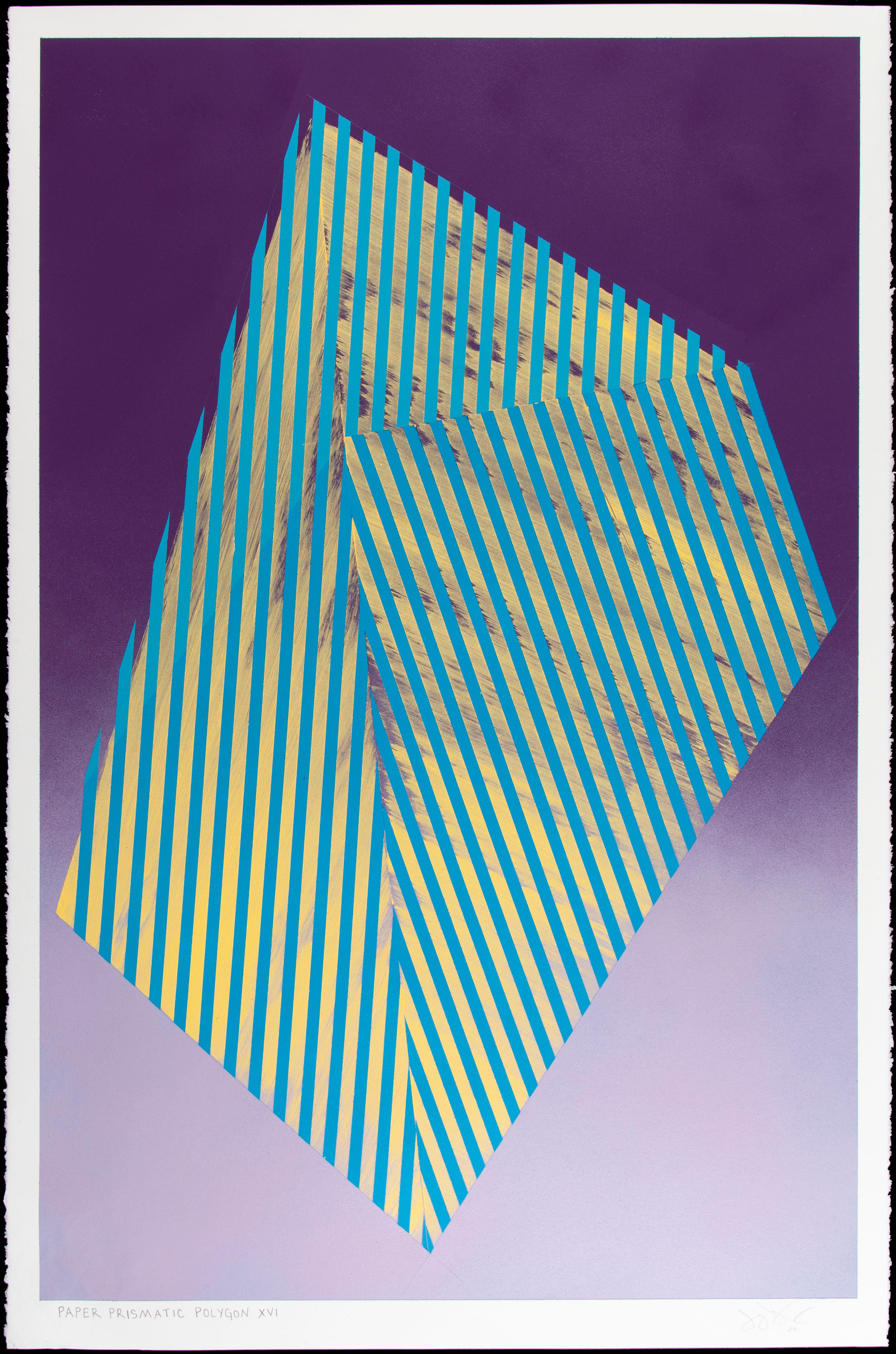 Prismatic Polygon XVI: geometric abstract painting in blue, yellow, purple ombre For Sale 2