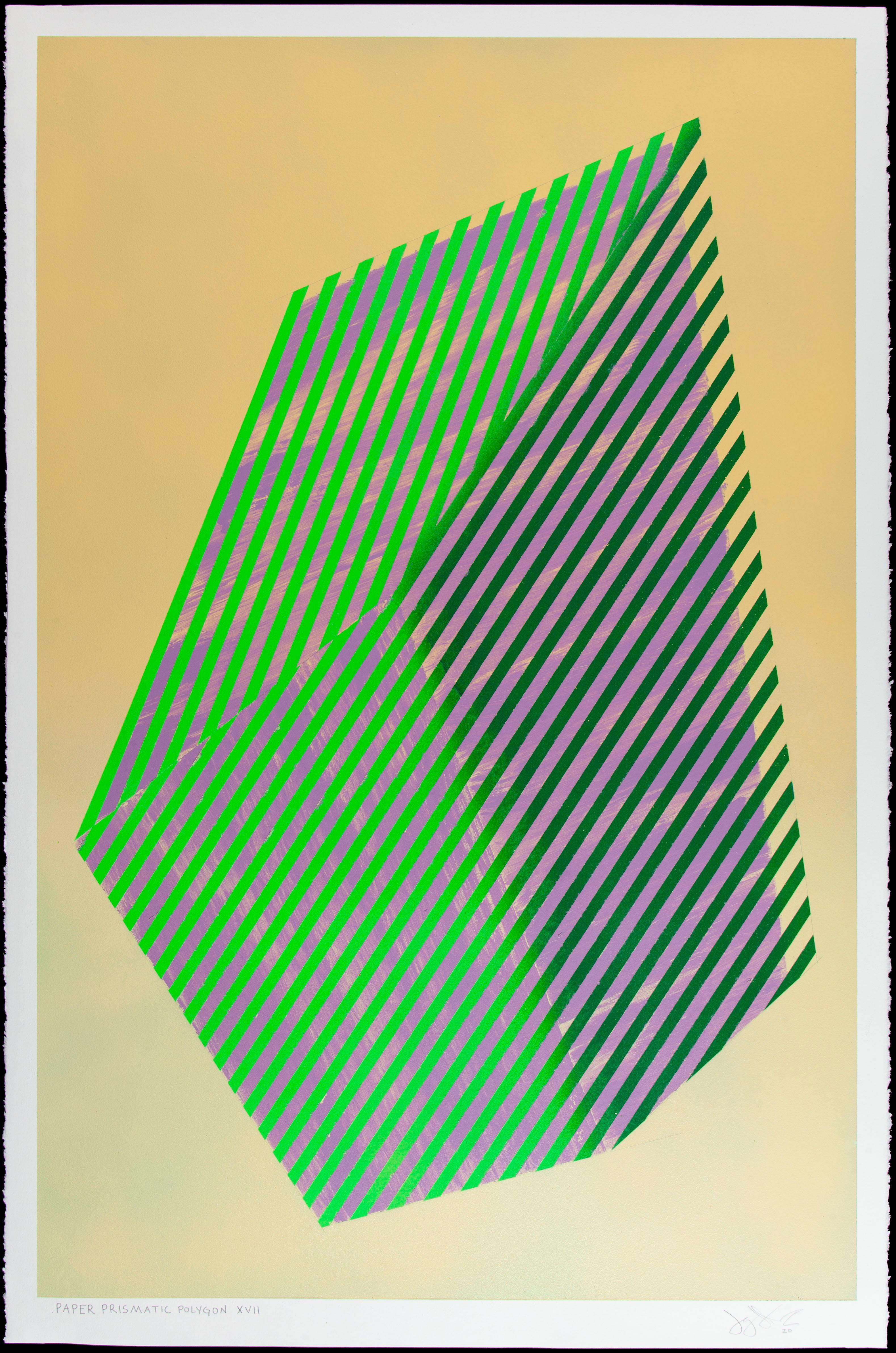 Prismatic Polygon XVII: geometric abstract painting in green, purple & gold For Sale 2