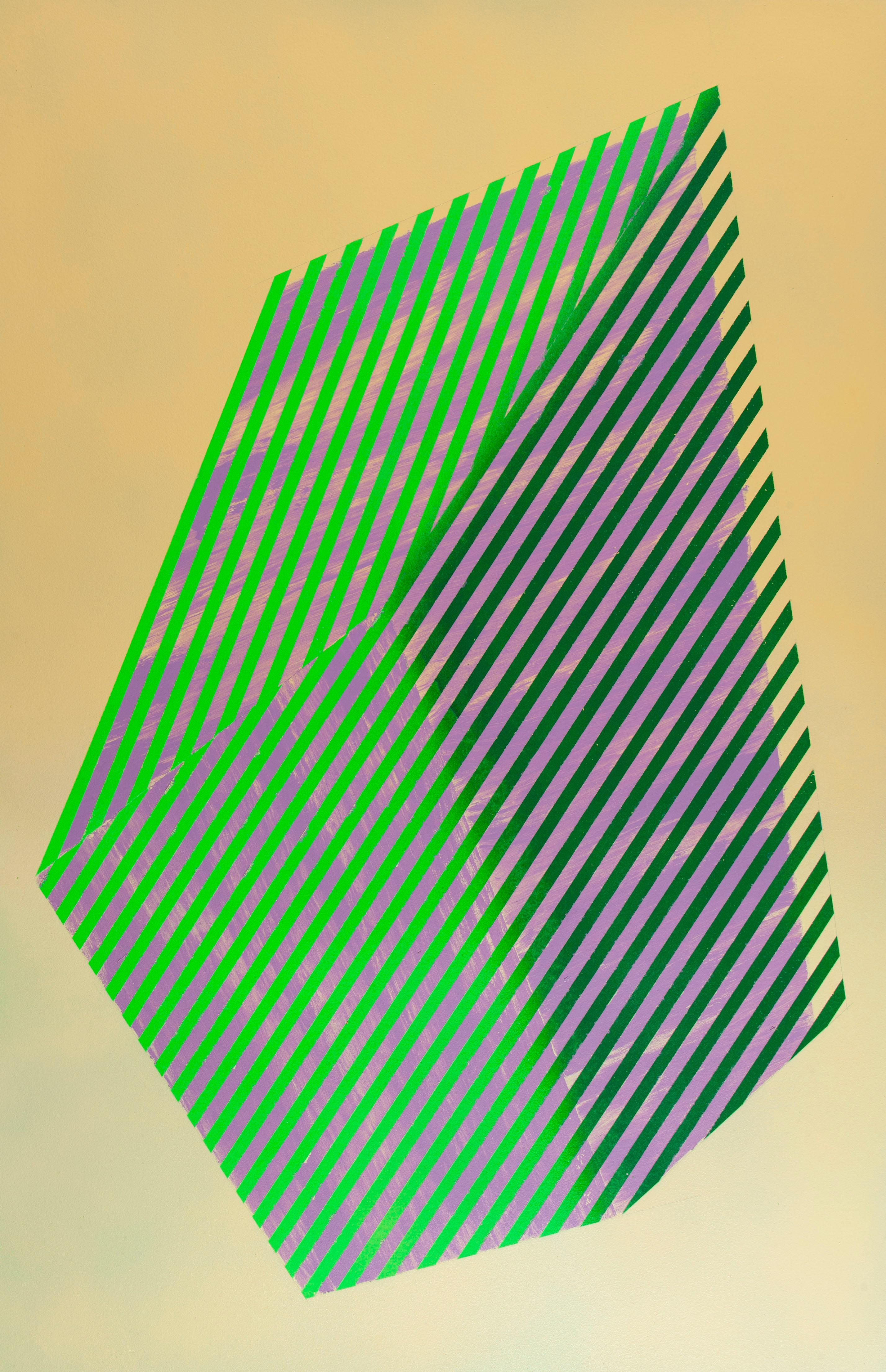 Prismatic Polygon XVII: geometric abstract painting in green, purple & gold