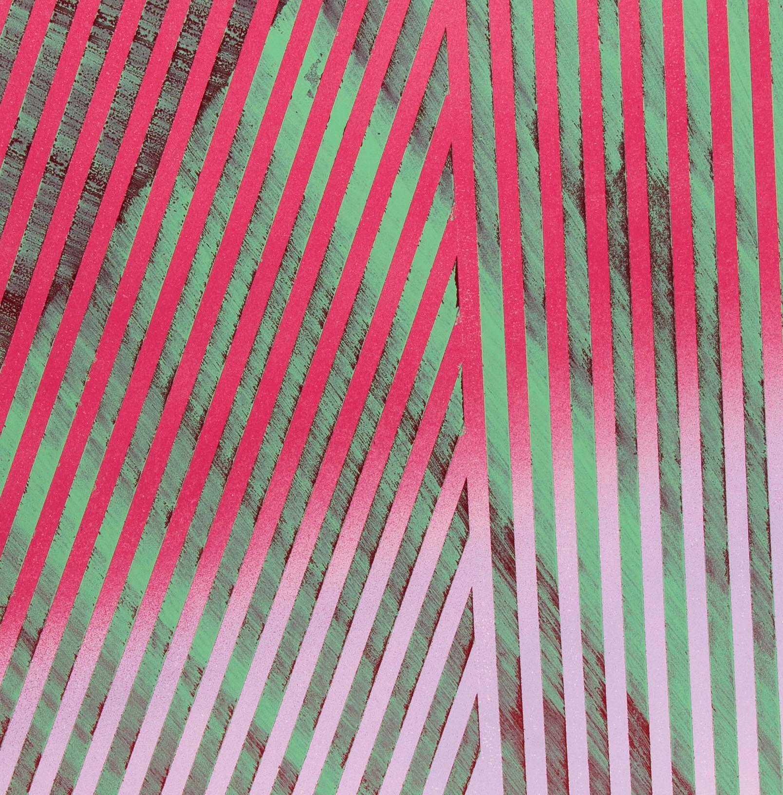 Prismatic Polygon XX: geometric abstract painting w/ pattern. Red, green, pink. - Painting by Jay Walker