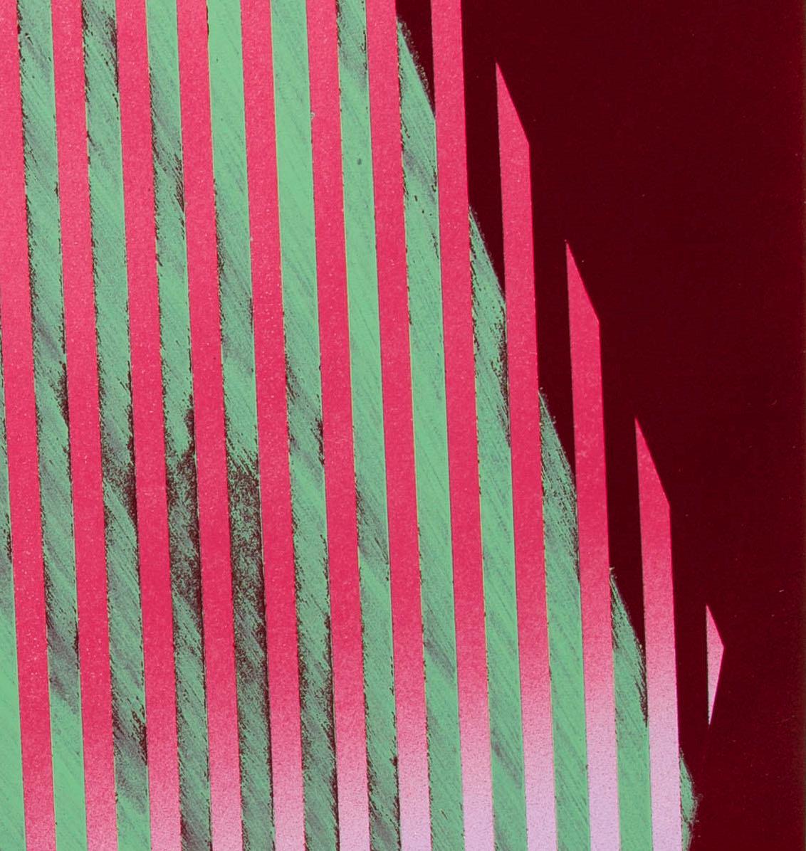 Prismatic Polygon XX: geometric abstract painting w/ pattern. Red, green, pink. - Abstract Painting by Jay Walker