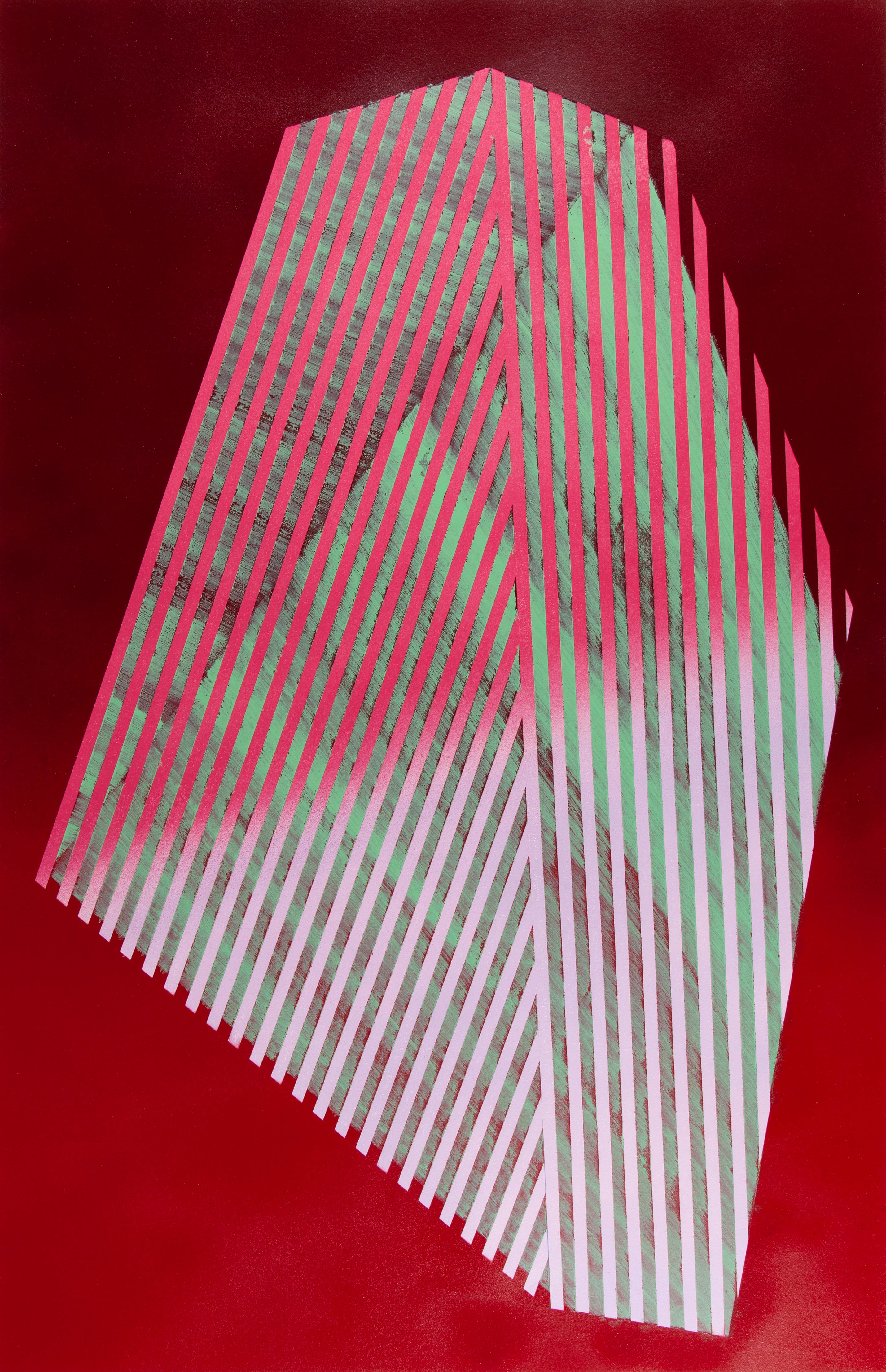 Figurative Painting di Jay Walker - Poligono prismatico XX: pittura astratta geometrica con motivo. Rosso, verde e rosa.