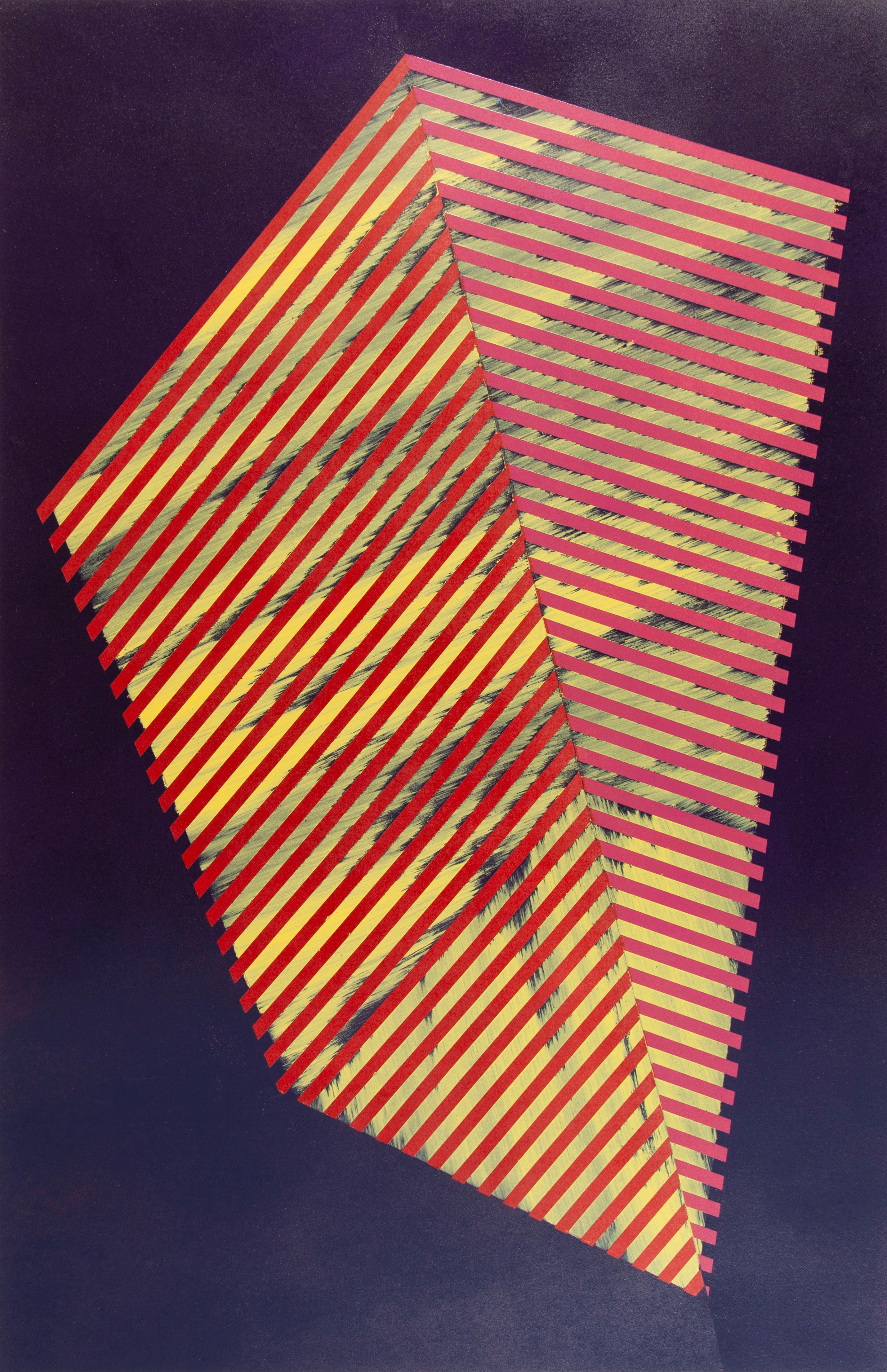 Prismatic Polygon XXI: geometric abstract painting w/ pattern, red purple gold 