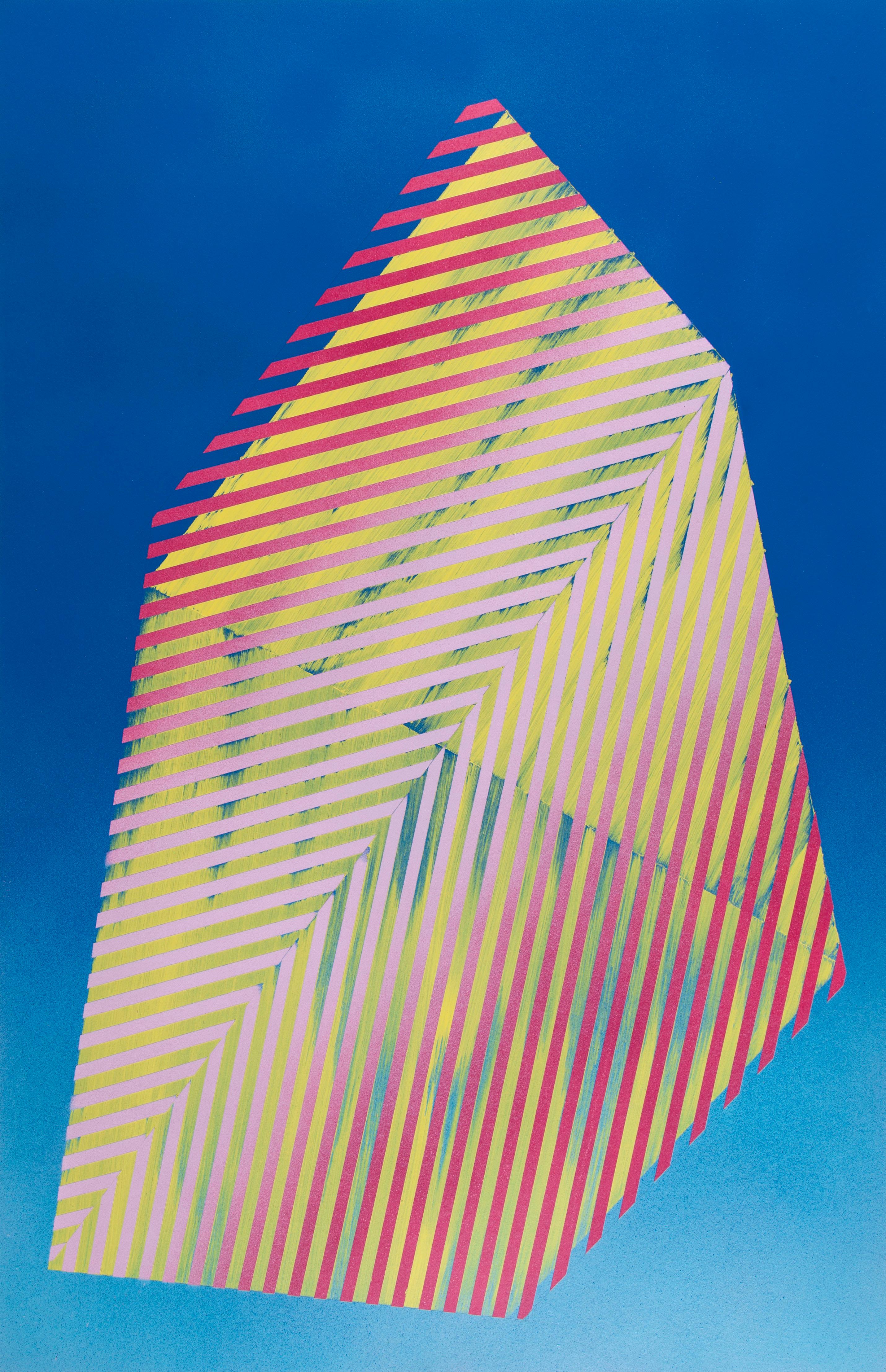 Jay Walker Abstract Painting - Prismatic Polygon XXII: geometric abstract painting in sky blue, red, & yellow 