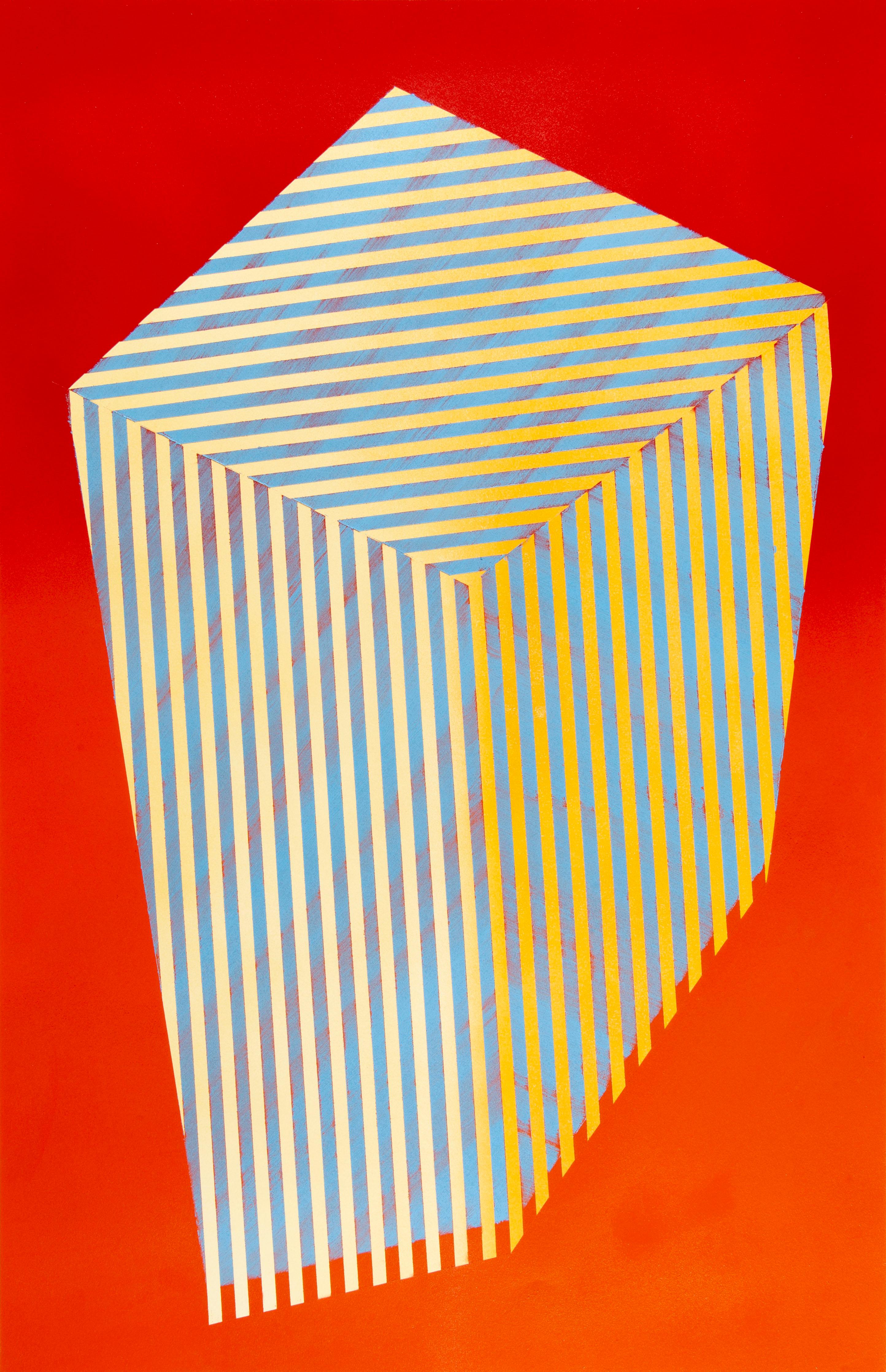 Jay Walker Figurative Painting - Prismatic Polygon XXIII: geometric abstract painting - red orange, blue, yellow 