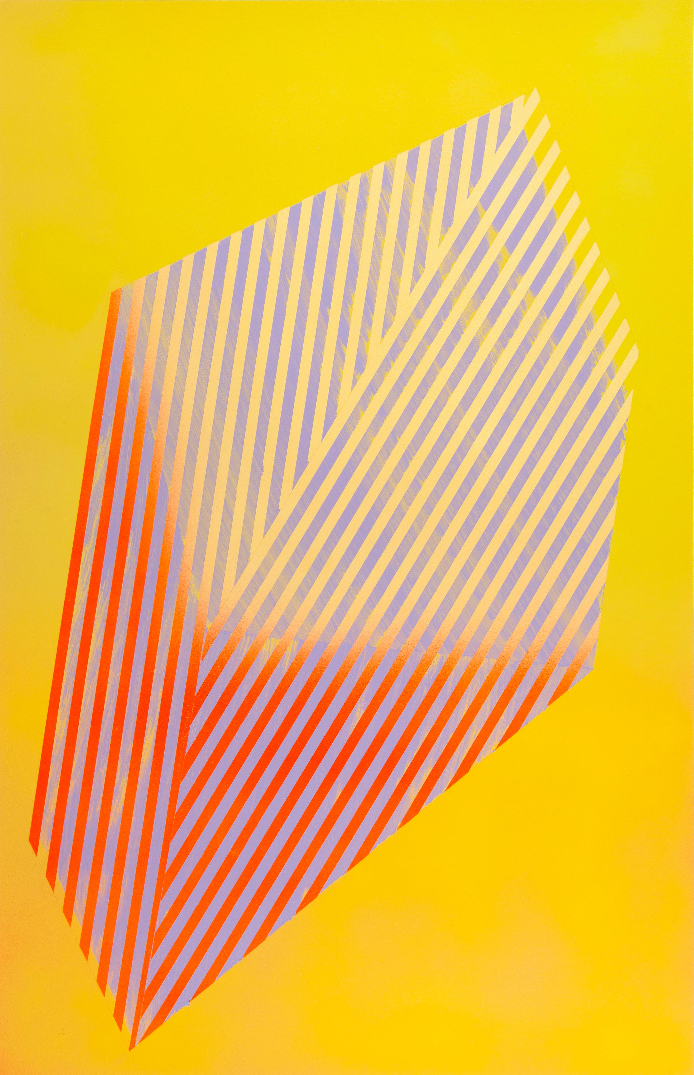 Jay Walker Figurative Painting - Prismatic Polygon XXIV: geometric abstract painting in red, yellow, gold, violet