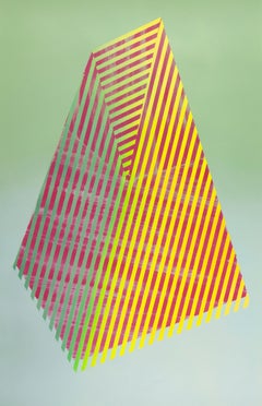 Prismatic Polygon XXV: geometric abstract painting in green, red, yellow pattern