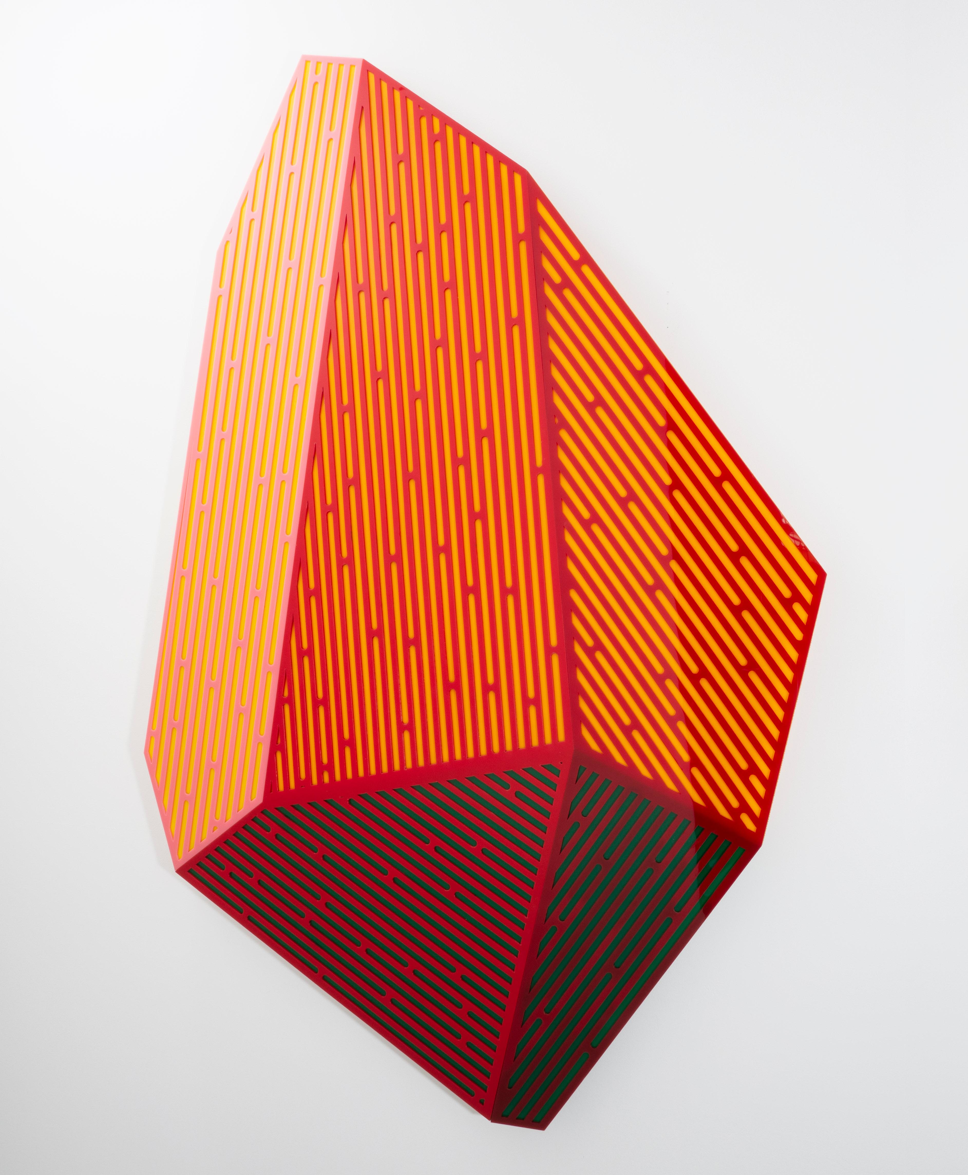 Prismatic Polygon IV: geometric abstract wall-mounted sculpture in red & orange - Sculpture by Jay Walker