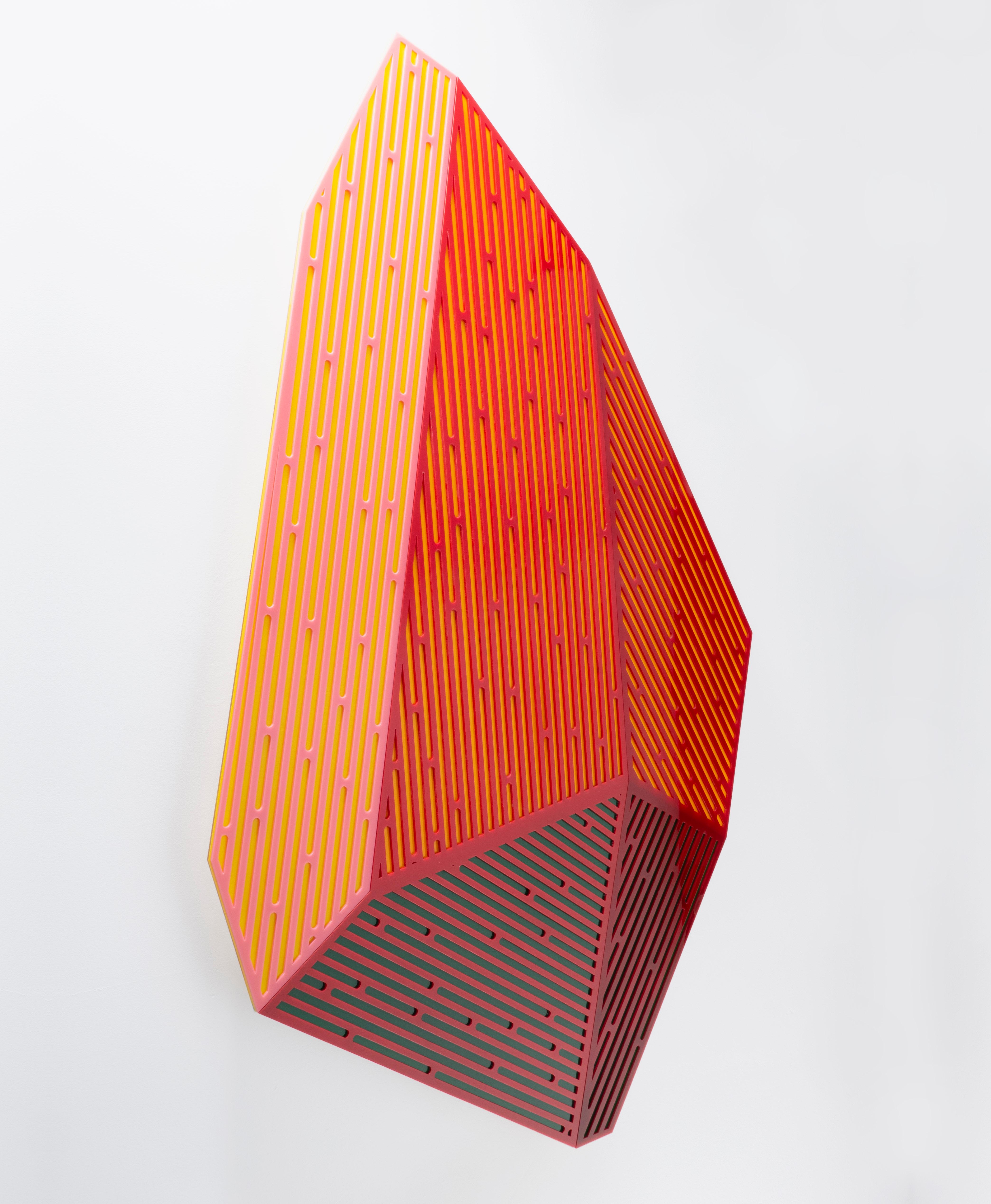 Prismatic Polygon IV: geometric abstract wall-mounted sculpture in red & orange - Abstract Sculpture by Jay Walker