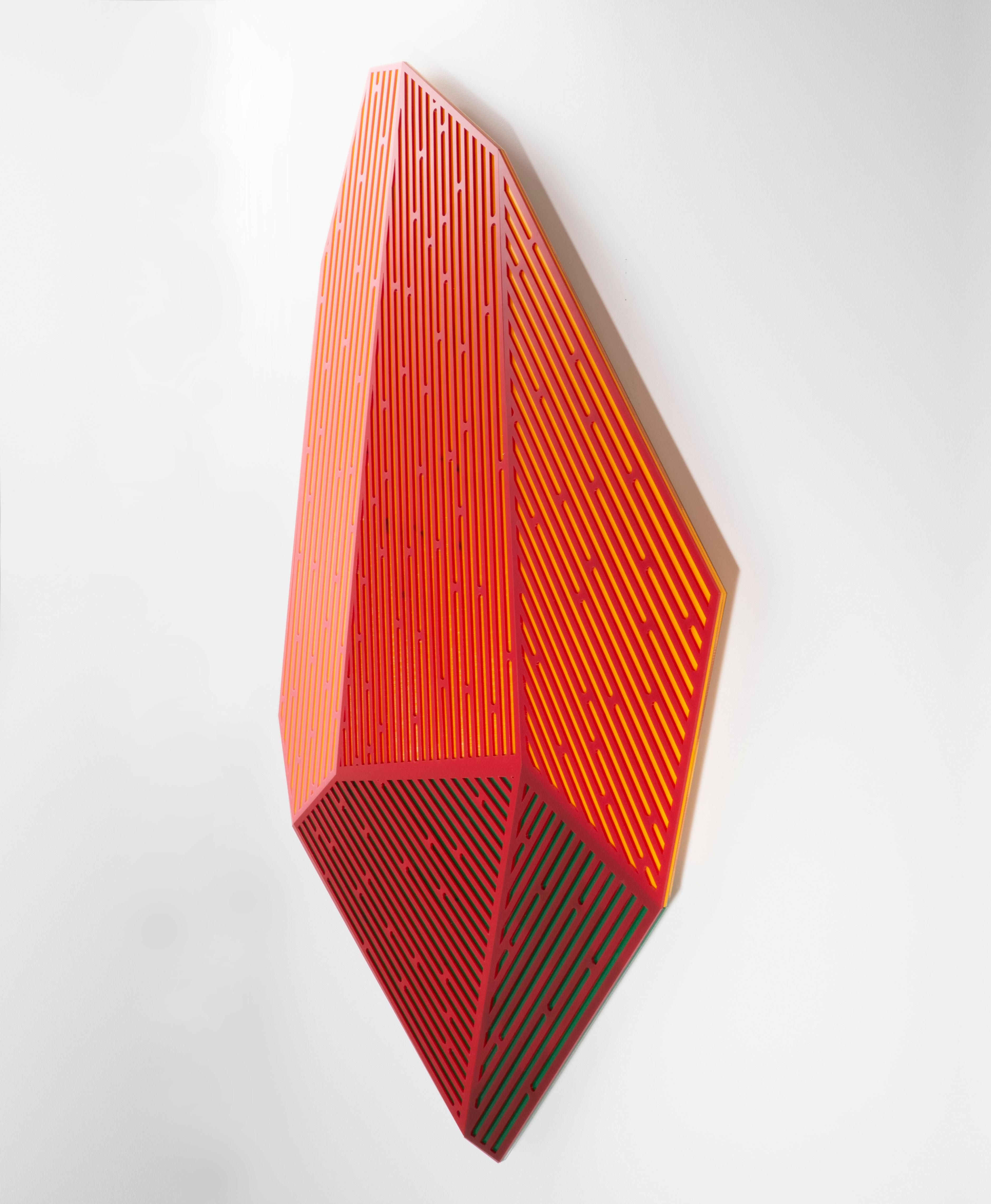 Prismatic Polygon IV: geometric abstract wall-mounted sculpture in red & orange - White Figurative Sculpture by Jay Walker