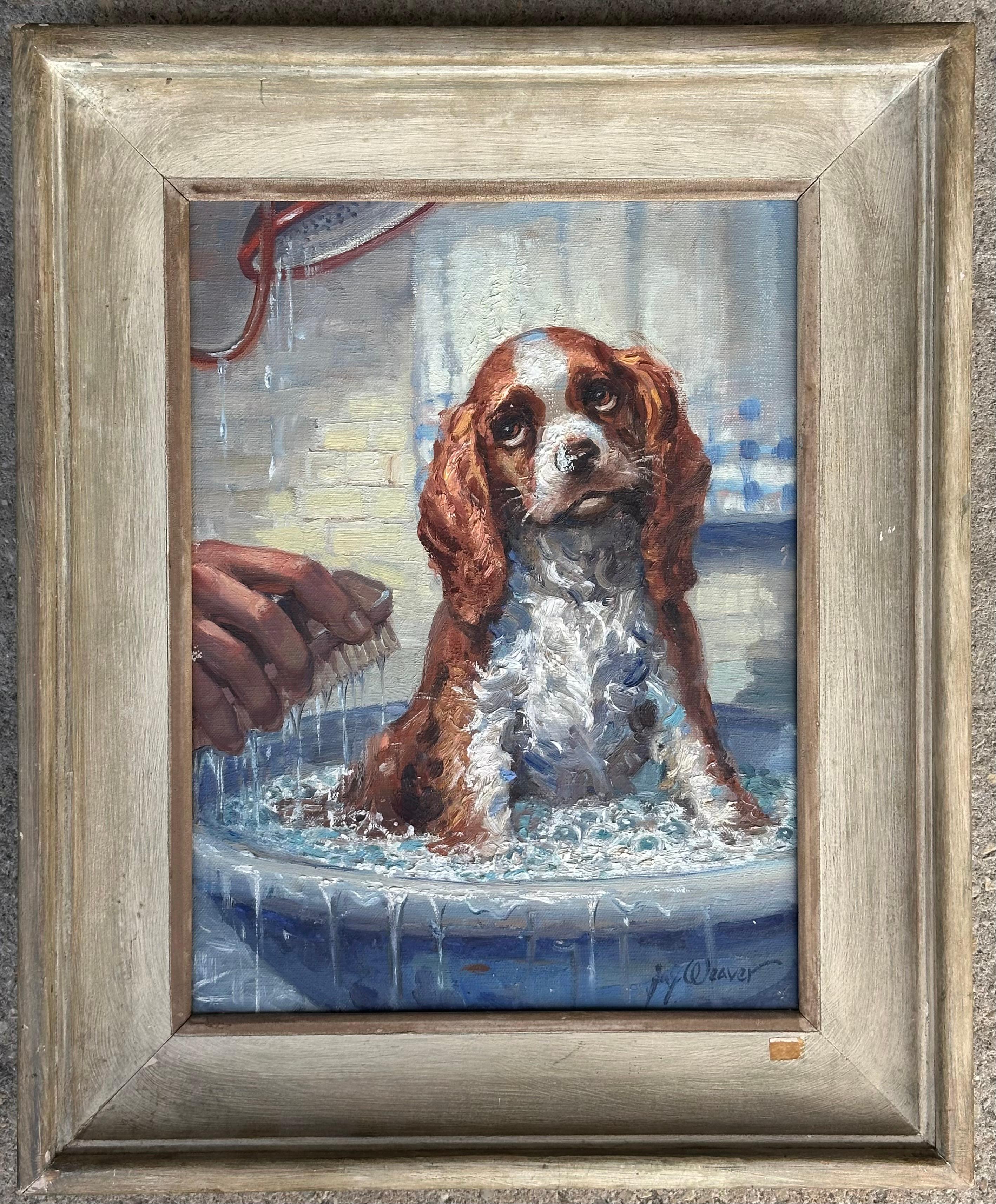 Animal Painting Jay Weaver - Tableau représentant un chiot King Charles Spaniel en train de prendre son bain (artiste de l'Oklahoma)