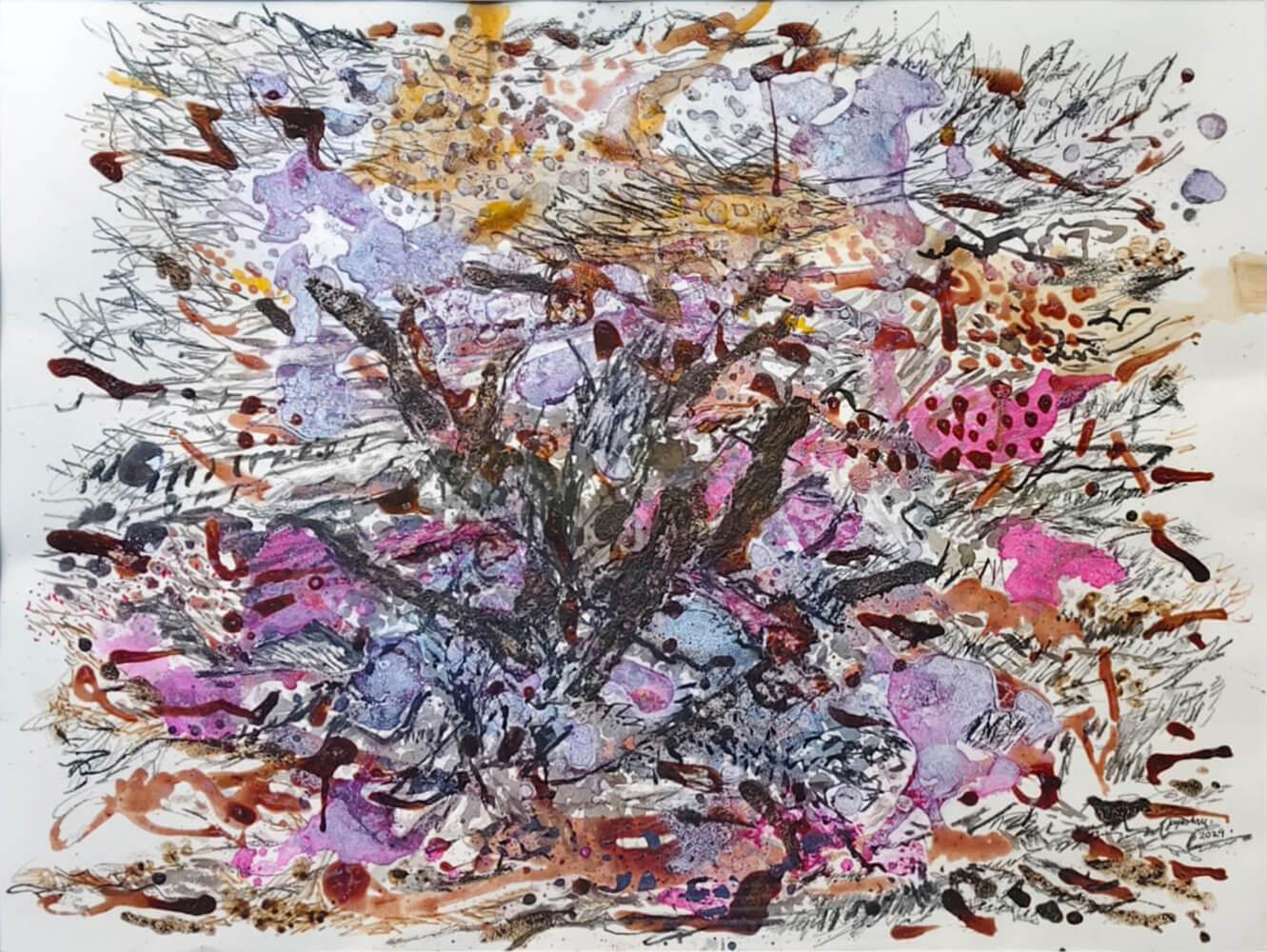 Fiori di gramigna, acrilico, macchia di tè, grafite su carta di un artista indiano "In magazzino".