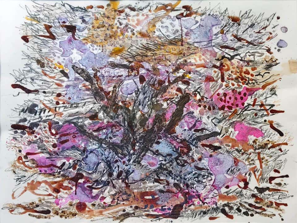 Weed Flowers, Acrylic, Tea Stain, Graphite on Paper by Indian Artist "In Stock"