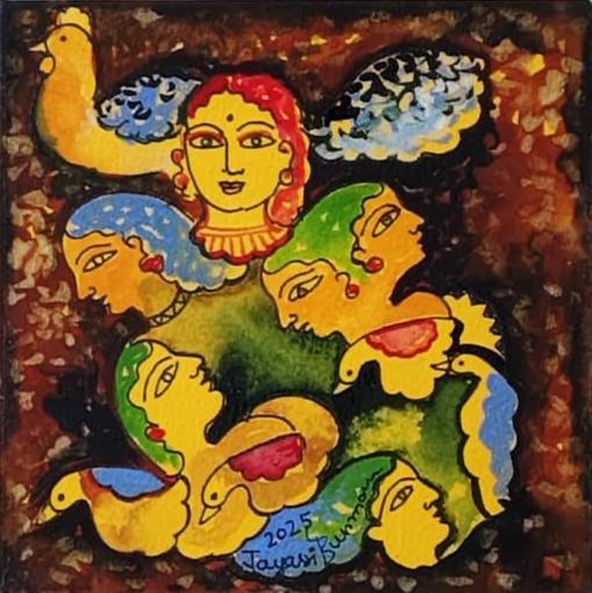 Ohne Titel, figurativ, Aquarell auf Shikishi-Karton von Jayasri Burman „Auf Lager“