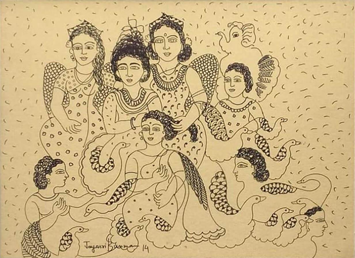 Jayasri Burman Figurative Painting – Ohne Titel, Feder, Tuschezeichnung auf Sikishi-Brett Zeitgenössischer indischer Künstler - Auf Lager