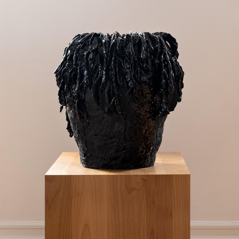 American Large Scale Sculptural Ceramic Vessel in High Gloss and Matte Black by Jaye Kim For Sale